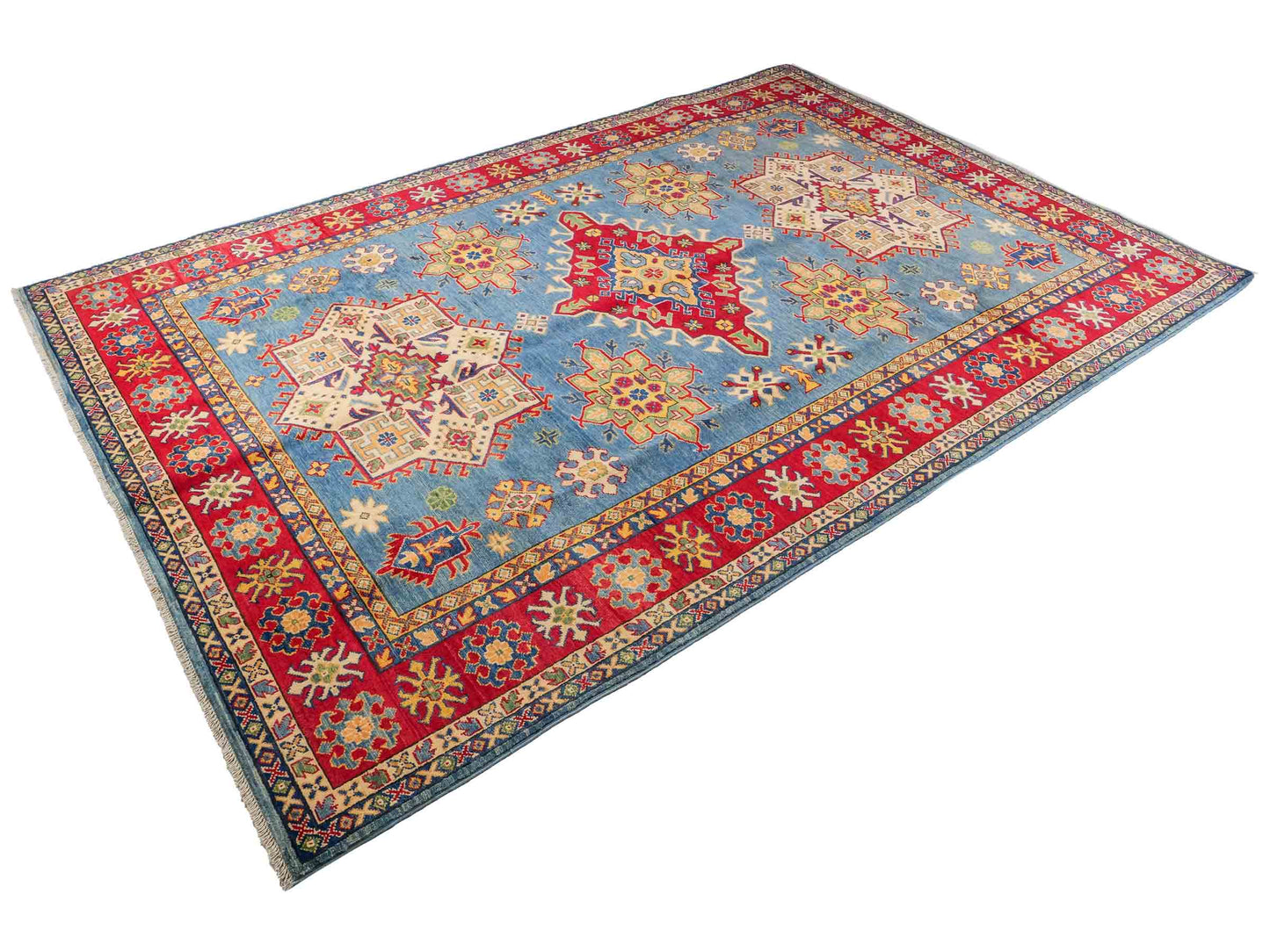Feiner, handgeknüpfter Ziegler Kazak Chobi Orientteppich aus reiner Wolle mit geometrischem Medaillon-Muster von Khademi. Größe: 292 x 196 cm. Farbe: Blau, rot. RB3-B281. Ursprung: Afghanistan. Verkauf durch JUPITER Intl.