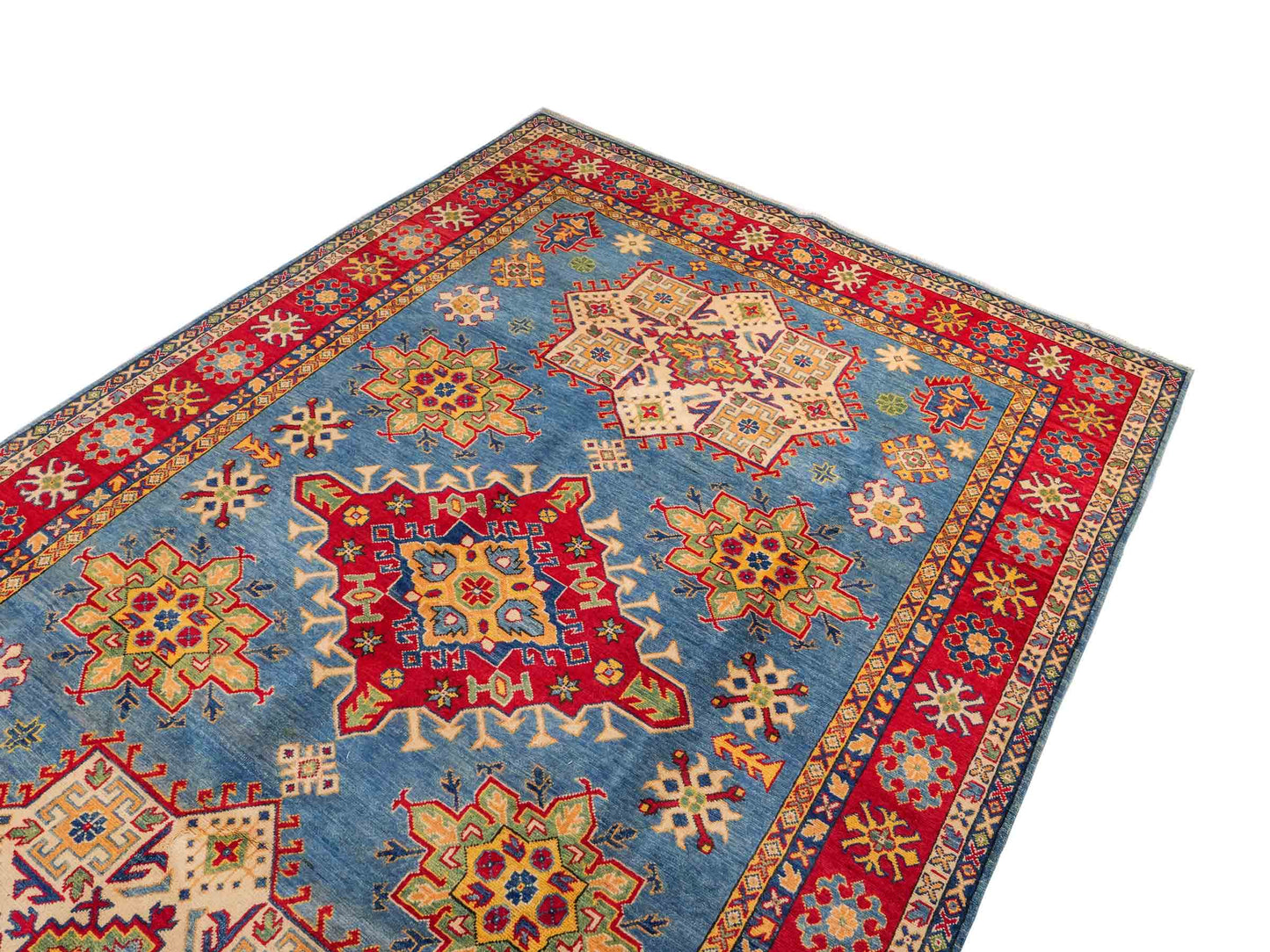 Feiner, handgeknüpfter Ziegler Kazak Chobi Orientteppich aus reiner Wolle mit geometrischem Medaillon-Muster von Khademi. Größe: 292 x 196 cm. Farbe: Blau, rot. RB3-B281. Ursprung: Afghanistan. Verkauf durch JUPITER Intl.