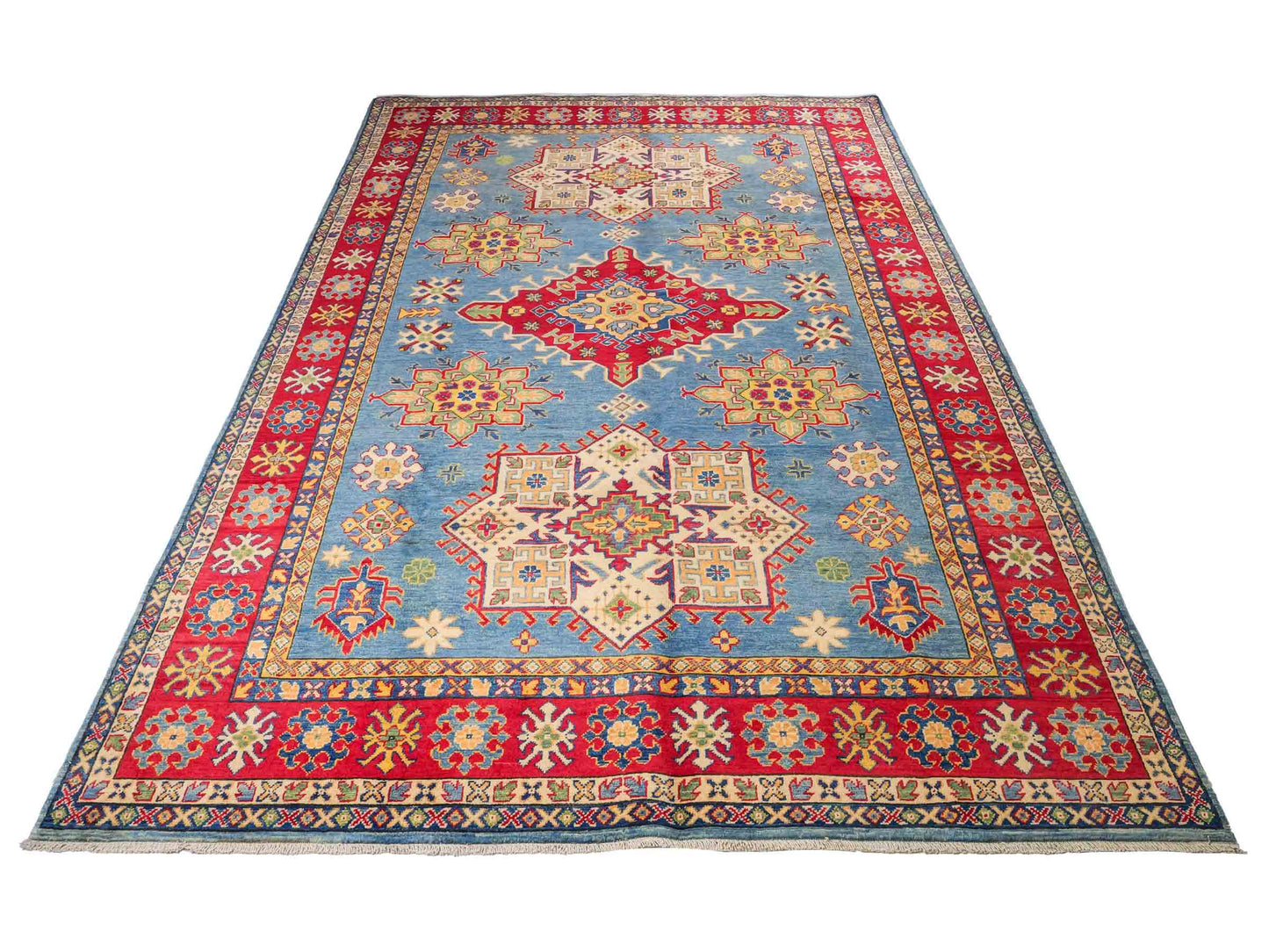 Feiner, handgeknüpfter Ziegler Kazak Chobi Orientteppich aus reiner Wolle mit geometrischem Medaillon-Muster von Khademi. Größe: 292 x 196 cm. Farbe: Blau, rot. RB3-B281. Ursprung: Afghanistan. Verkauf durch JUPITER Intl.