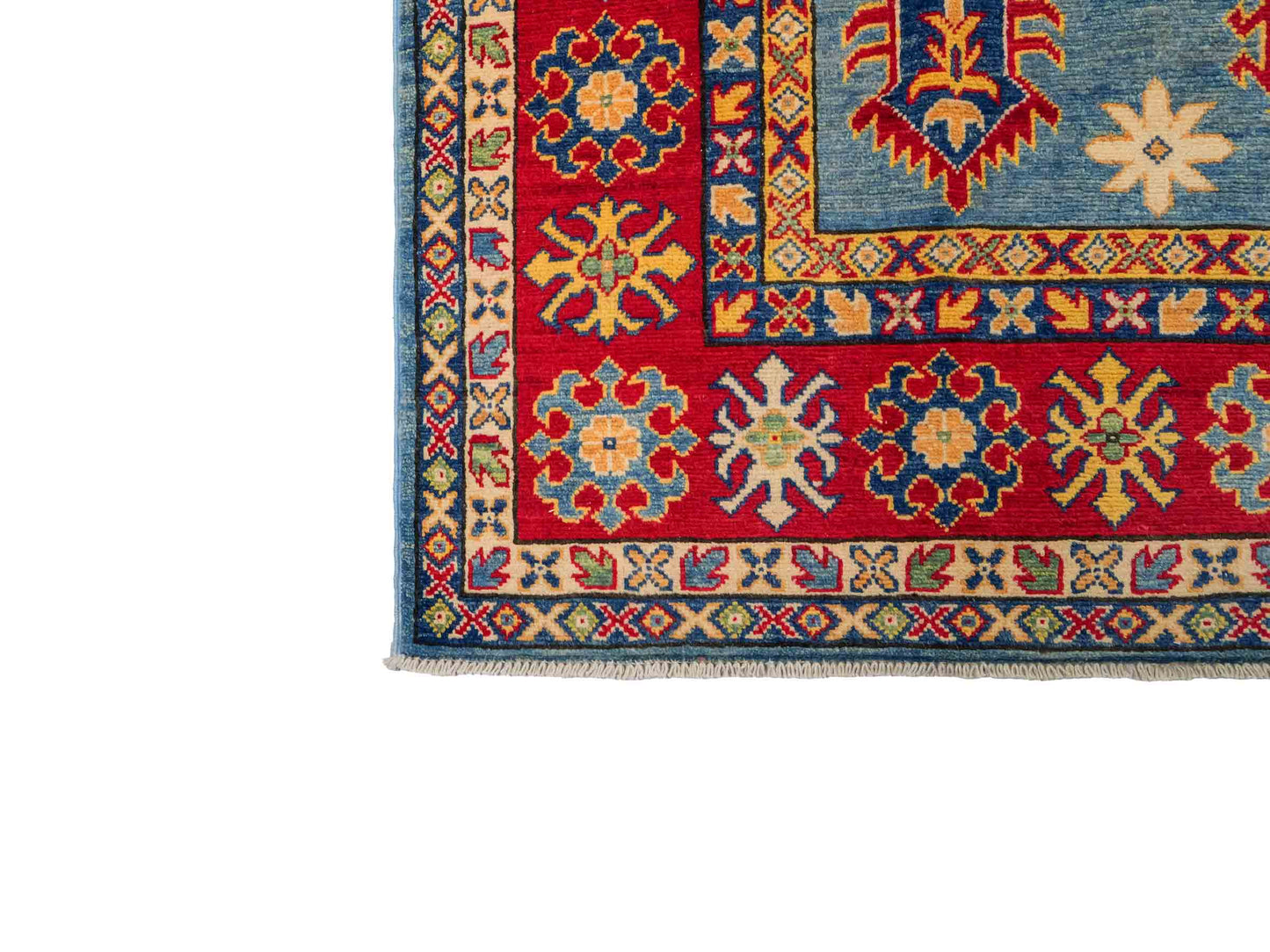 Feiner, handgeknüpfter Ziegler Kazak Chobi Orientteppich aus reiner Wolle mit geometrischem Medaillon-Muster von Khademi. Größe: 292 x 196 cm. Farbe: Blau, rot. RB3-B281. Ursprung: Afghanistan. Verkauf durch JUPITER Intl.