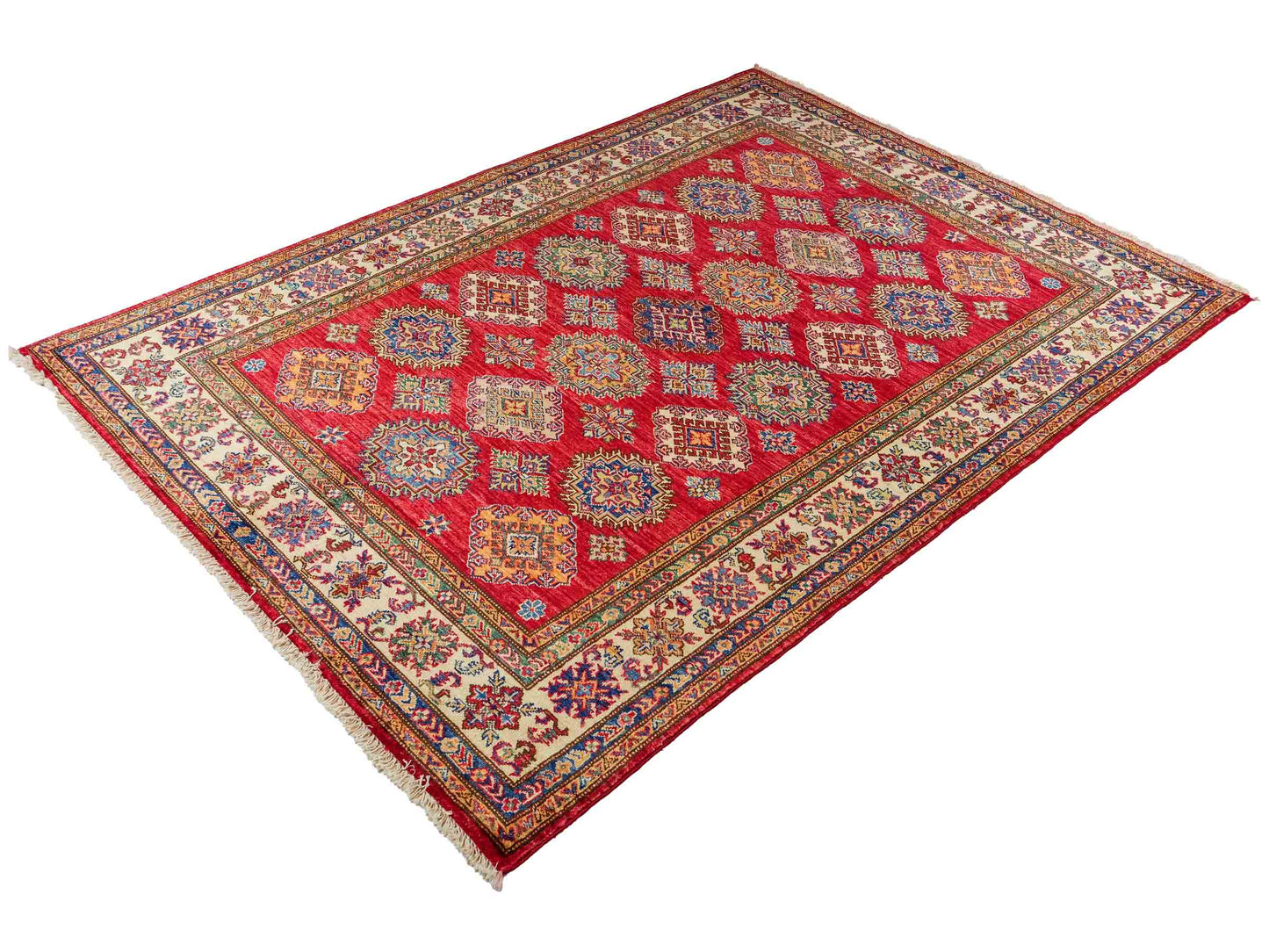 Handgeknüpfter, afghanischer Ziegler Orientteppich aus Wolle von Khademi. Größe: 206 x 148 cm. Farbe: Rot, cremeweiß. Verkauf durch JUPITER Intl.