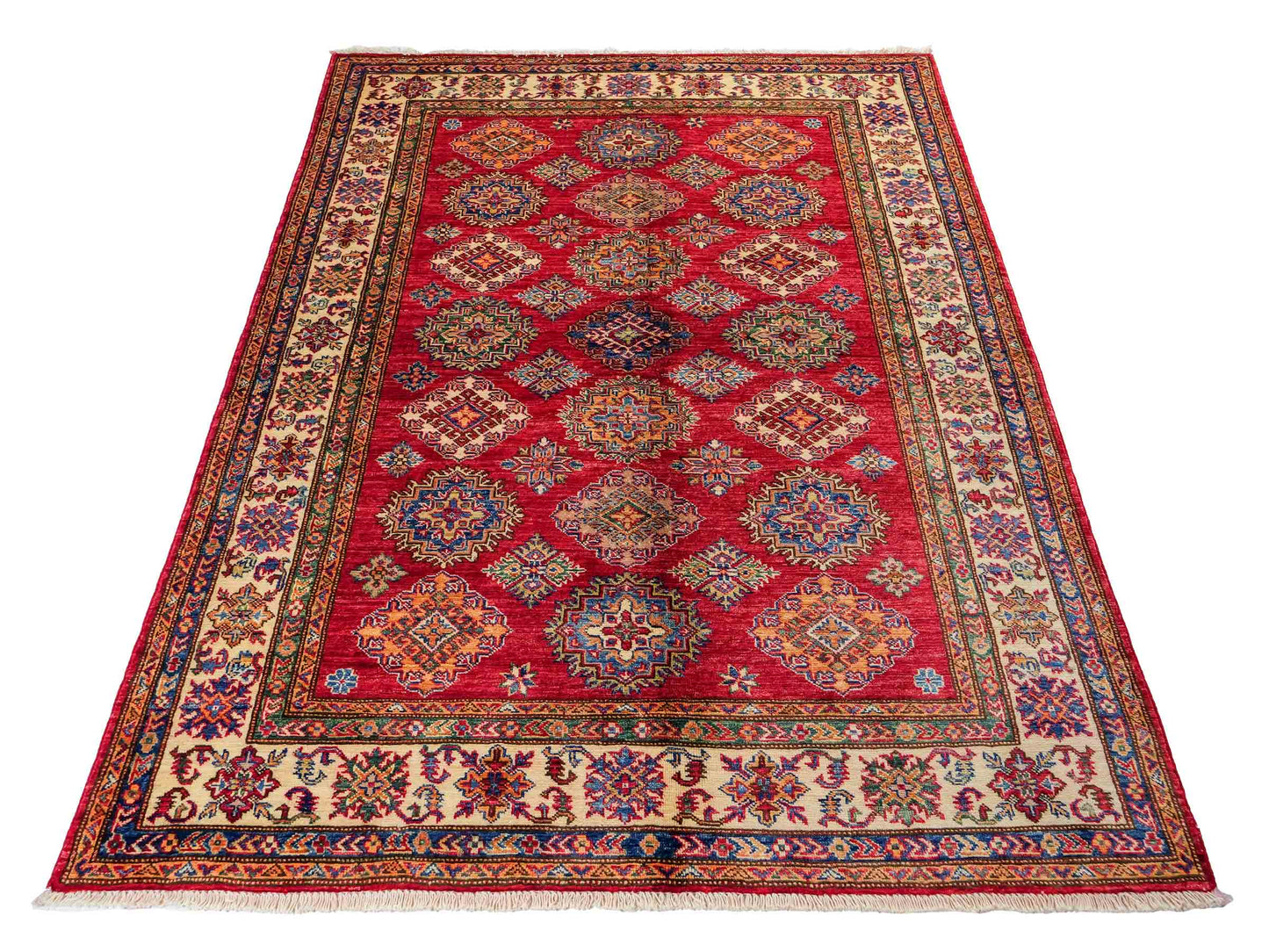 Handgeknüpfter, afghanischer Ziegler Orientteppich aus Wolle von Khademi. Größe: 206 x 148 cm. Farbe: Rot, cremeweiß. Verkauf durch JUPITER Intl.