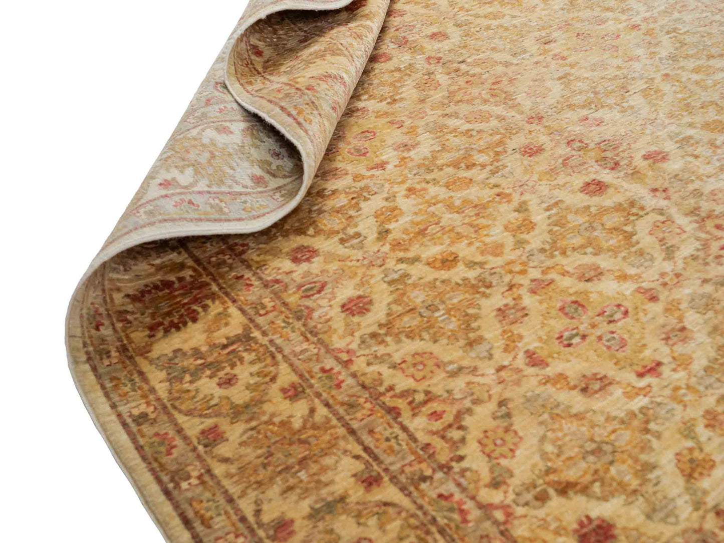 Handgeknüpfter, afghanischer Ziegler Orientteppich aus Wolle von Khademi. Größe: 312 x 154 cm. Farbe: Beige, cremeweiß, gold. Verkauf durch JUPITER Intl.