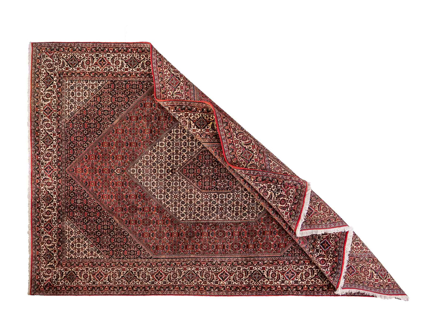 Sehr feiner, handgeknüpfter Bidjar Perserteppich aus reiner Wolle mit geometrischem Medaillon von Khademi. Größe: 306 x 200 cm. Farbe: Rot, creme. RB3-38. Ursprung: Iran / Persien. Verkauf durch JUPITER Intl.