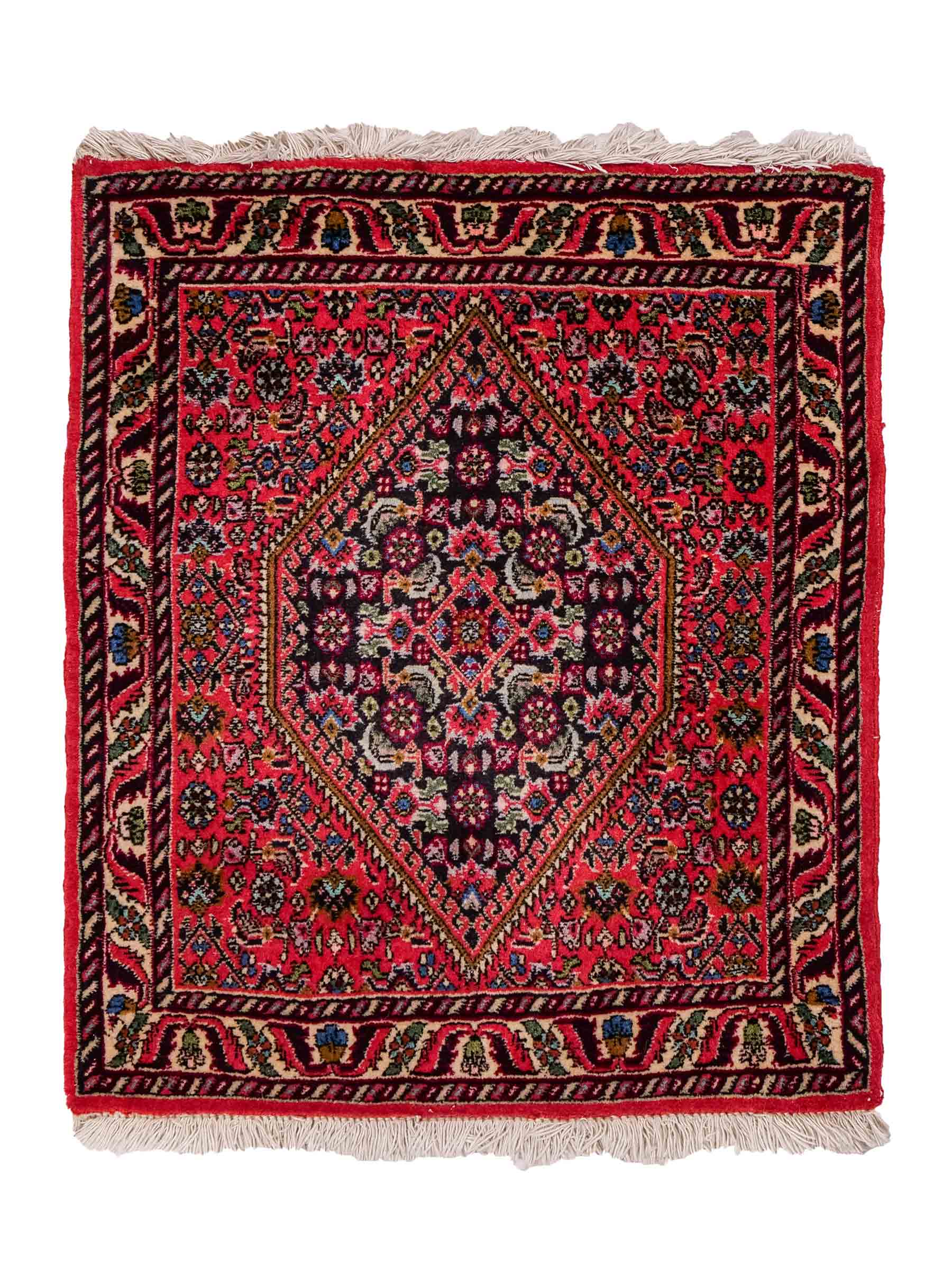 Sehr feiner, handgeknüpfter Bidjar Perserteppich aus Wolle von Khademi. Farben: rot, blau. Größe: 67 x 59 cm. Vertrieb durch JUPITER Intl.