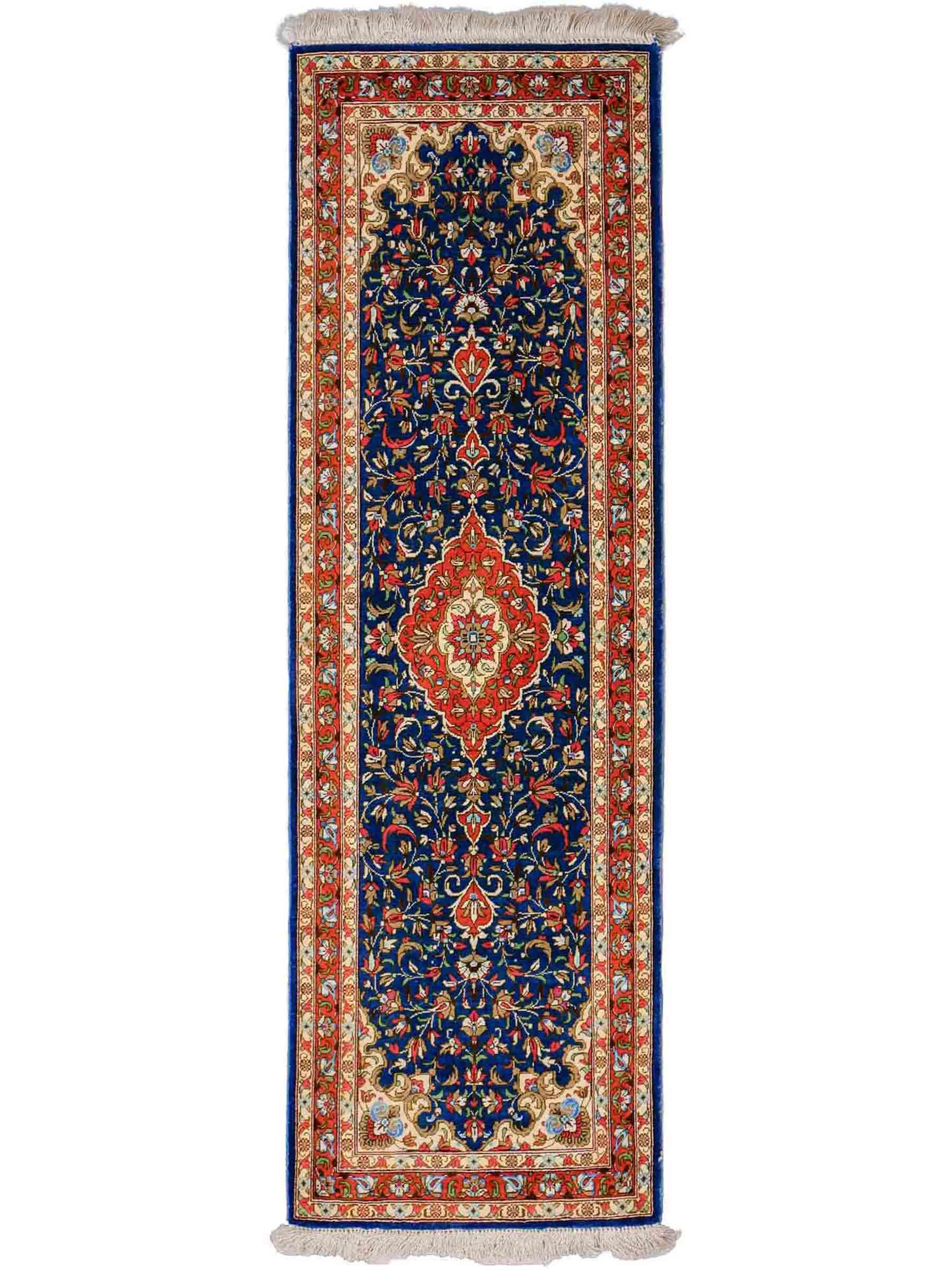 Sehr feiner, handgeknüpfter Ghom Perserteppich von Khademi aus Seide, blau, orange. 117x39 cm. Verkauf durch Jupiter Intl.