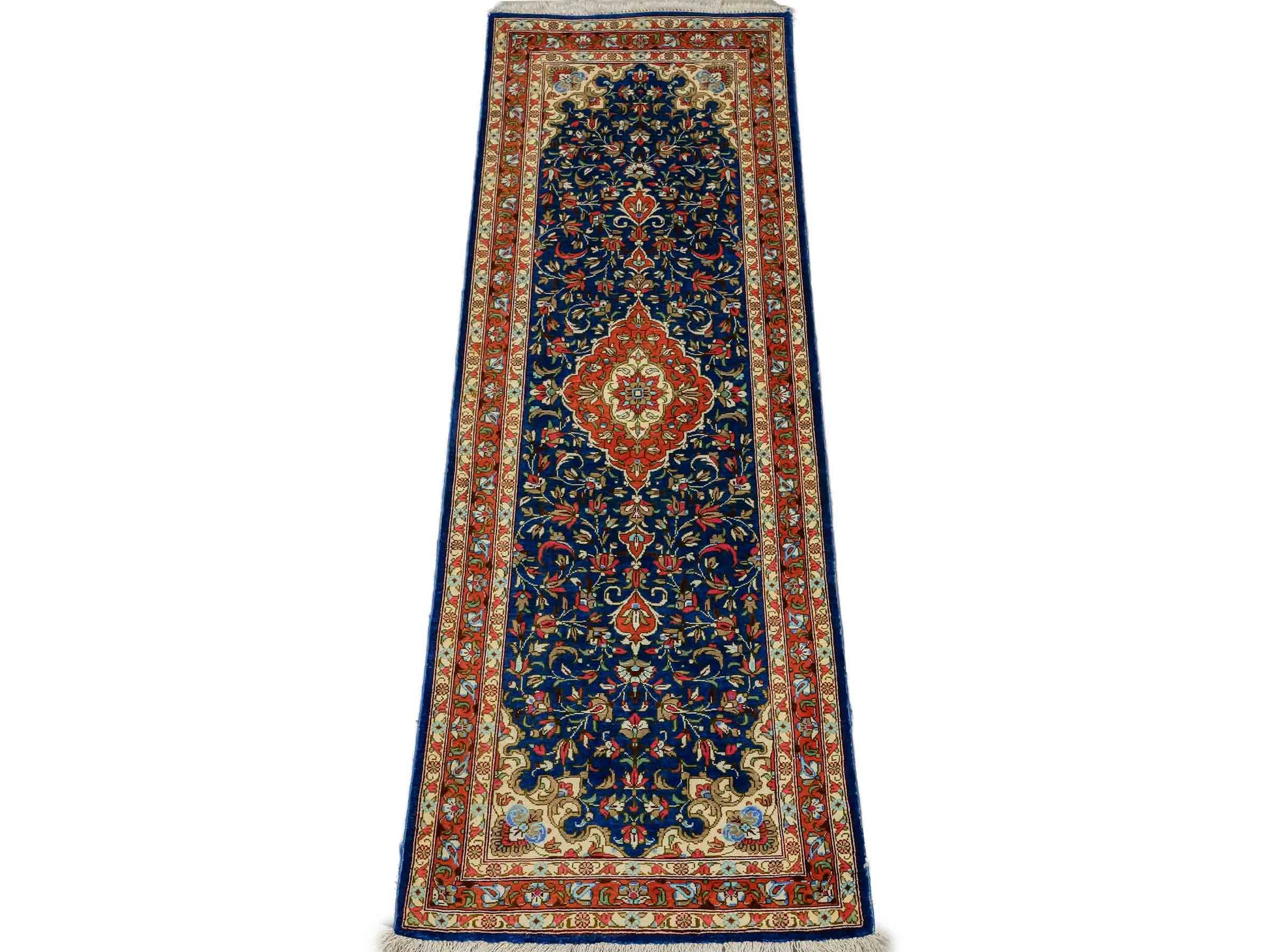 Sehr feiner, handgeknüpfter Ghom Perserteppich von Khademi aus Seide, blau, orange. 117x39 cm. Verkauf durch Jupiter Intl.