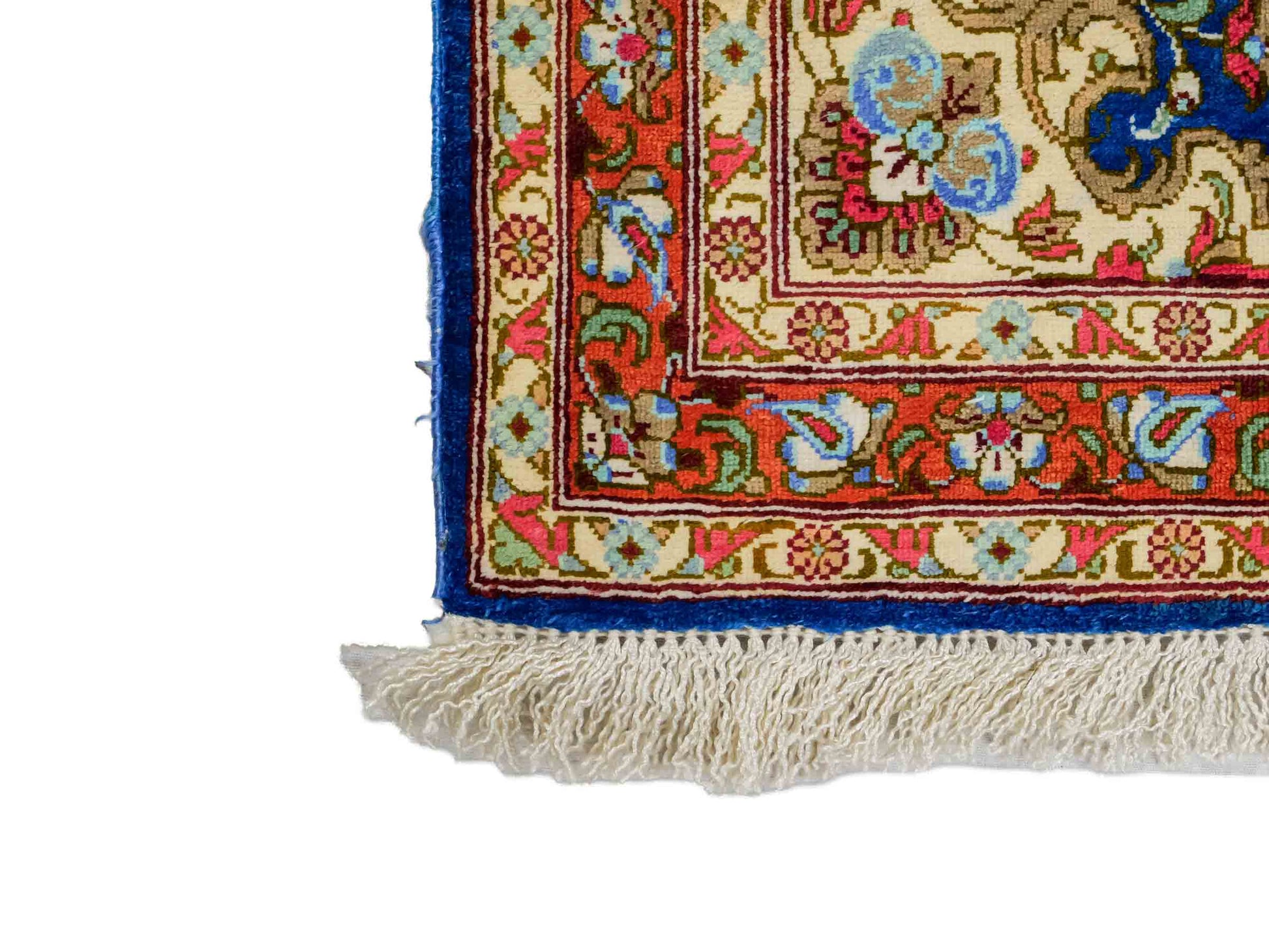 Sehr feiner, handgeknüpfter Ghom Perserteppich von Khademi aus Seide, blau, orange. 117x39 cm. Verkauf durch Jupiter Intl.