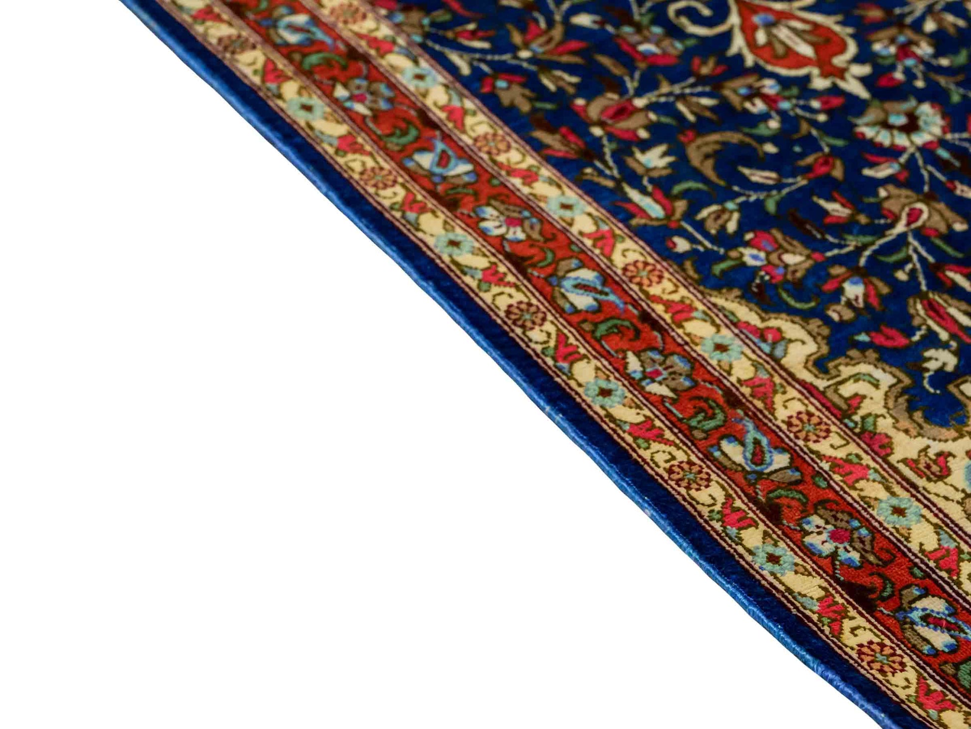 Sehr feiner, handgeknüpfter Ghom Perserteppich von Khademi aus Seide, blau, orange. 117x39 cm. Verkauf durch Jupiter Intl.
