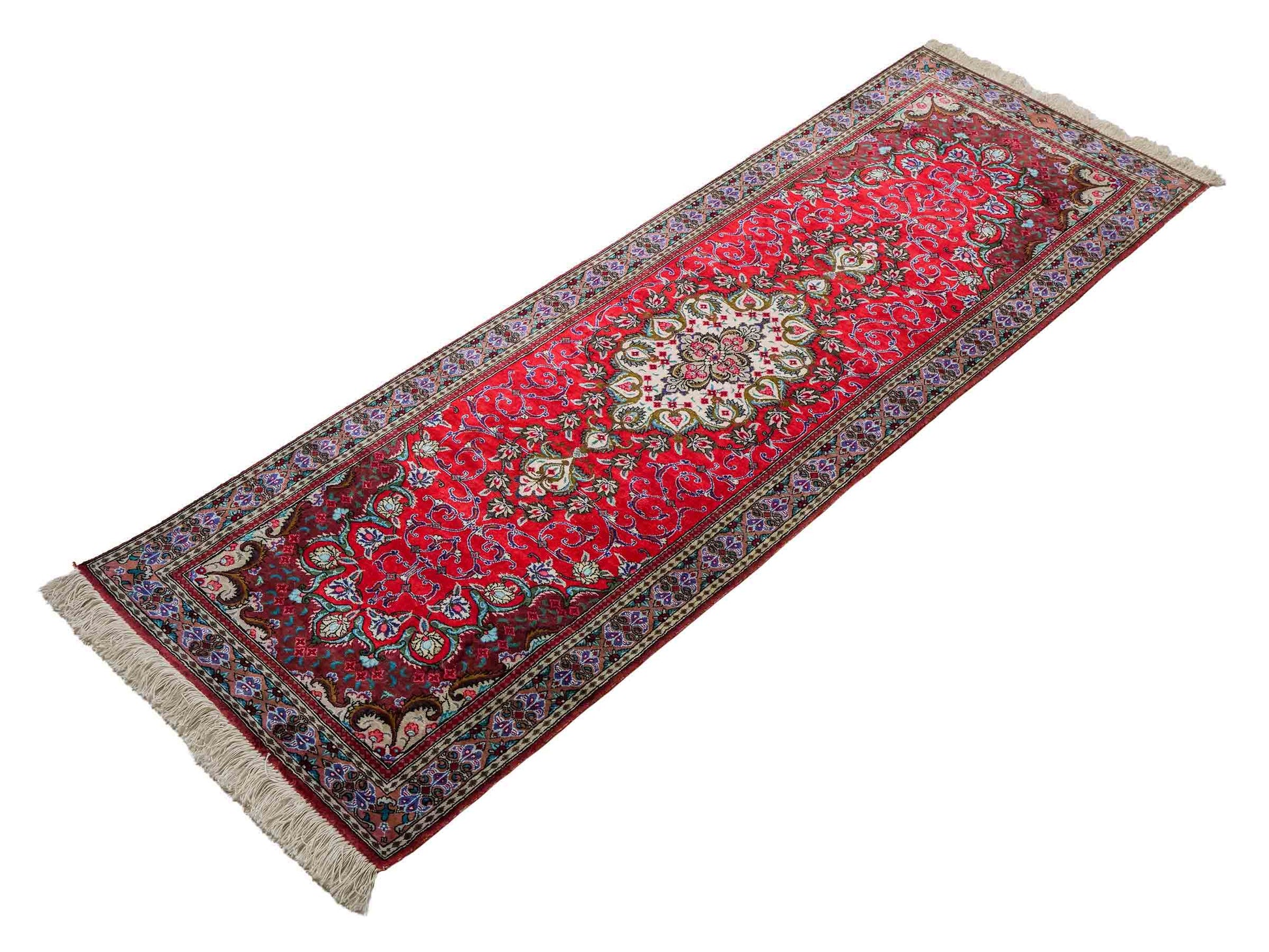 Sehr feiner, handgeknüpfter Ghom Perserteppich aus Seide von Khademi, rot. 148x44 cm. Verkauf durch Jupiter Intl.