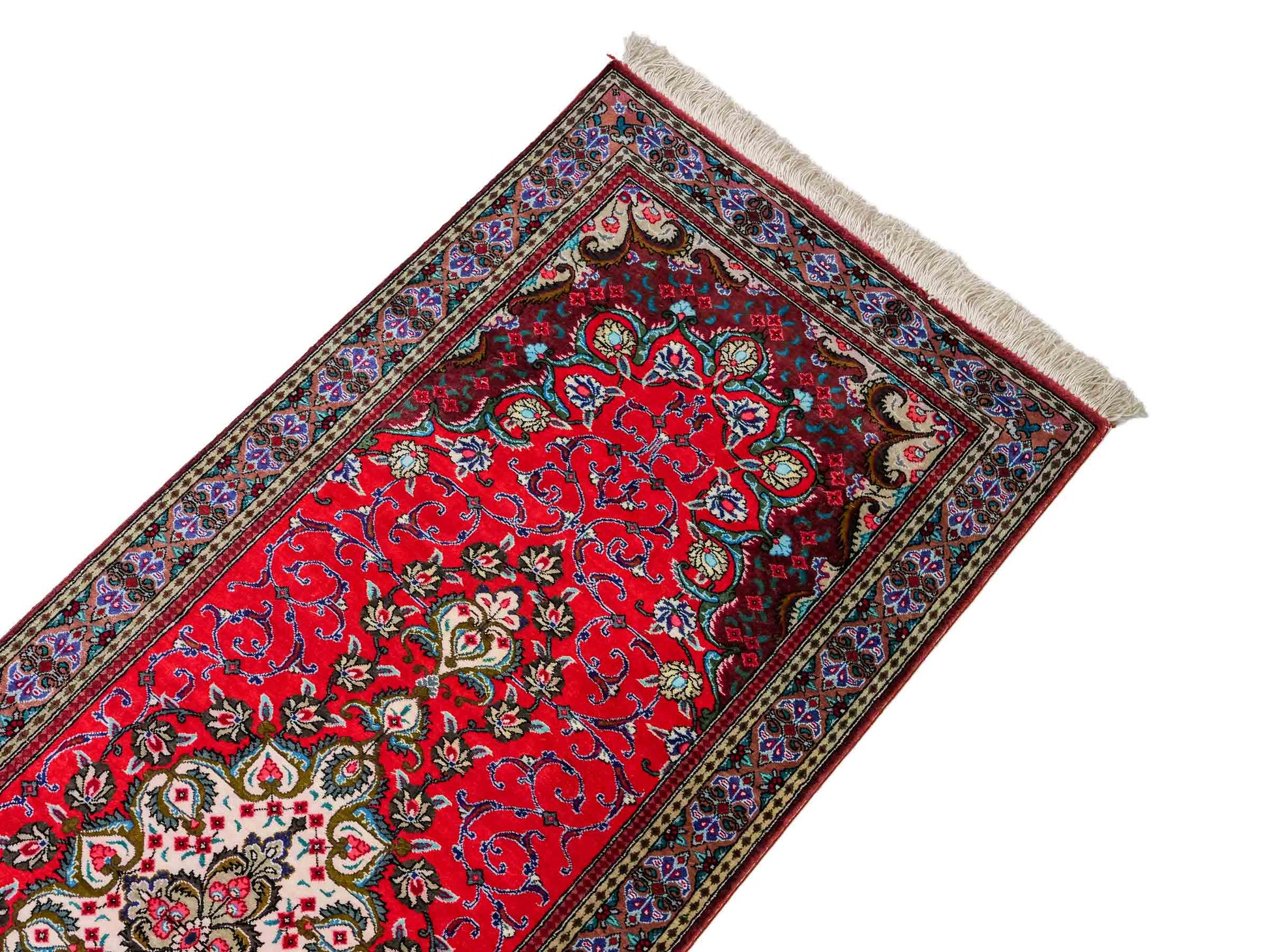 Sehr feiner, handgeknüpfter Ghom Perserteppich aus Seide von Khademi, rot. 148x44 cm. Verkauf durch Jupiter Intl.