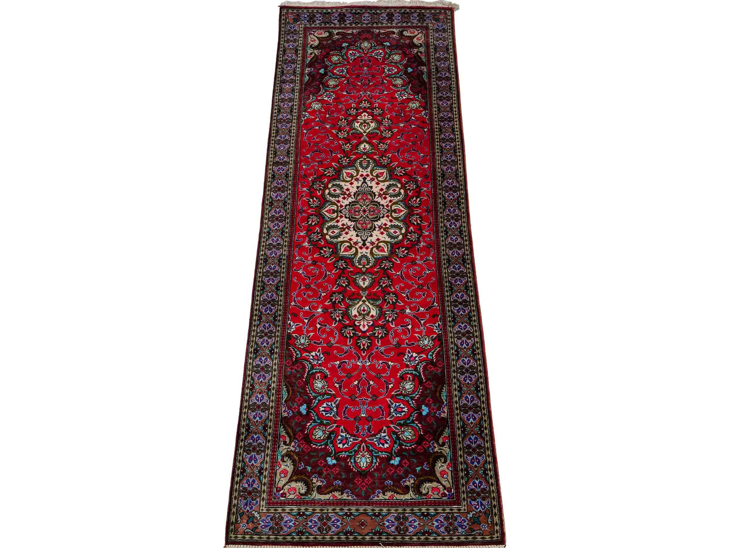 Sehr feiner, handgeknüpfter Ghom Perserteppich aus Seide von Khademi, rot. 148x44 cm. Verkauf durch Jupiter Intl.