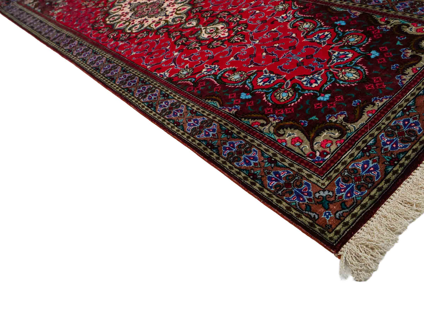 Sehr feiner, handgeknüpfter Ghom Perserteppich aus Seide von Khademi, rot. 148x44 cm. Verkauf durch Jupiter Intl.