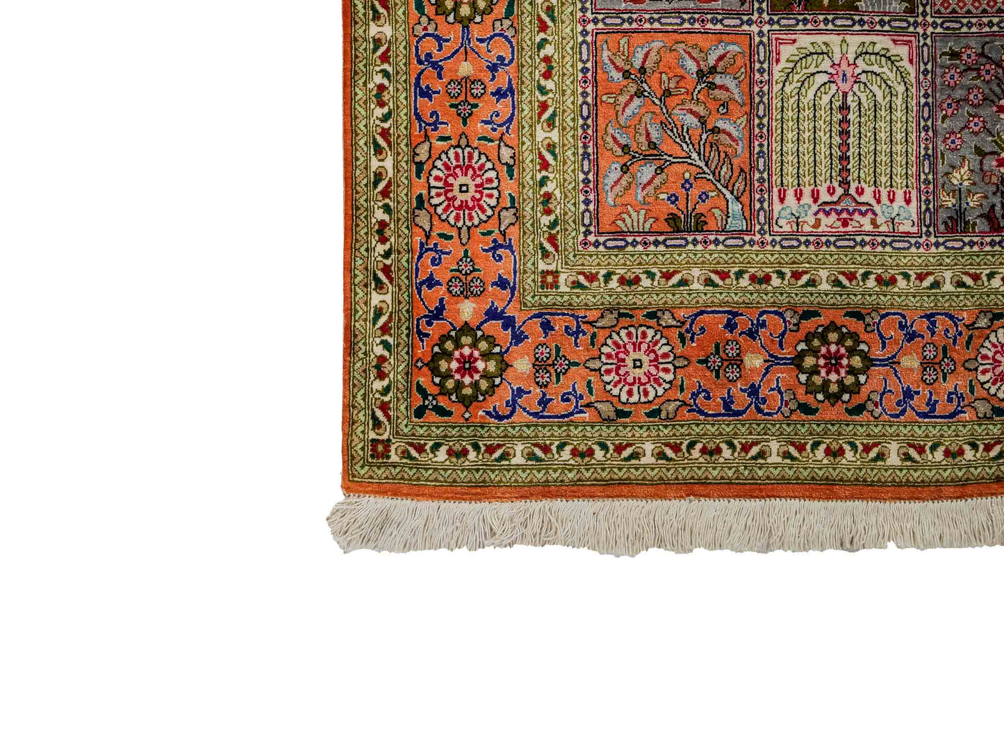 Sehr feiner, handgeknüpfter, persischer Ghom Seidenteppich von Khademi aus reiner Seide. Größe 157 x 100 cm. Farbe: Braun, grün. Verkauf durch JUPITER Intl.