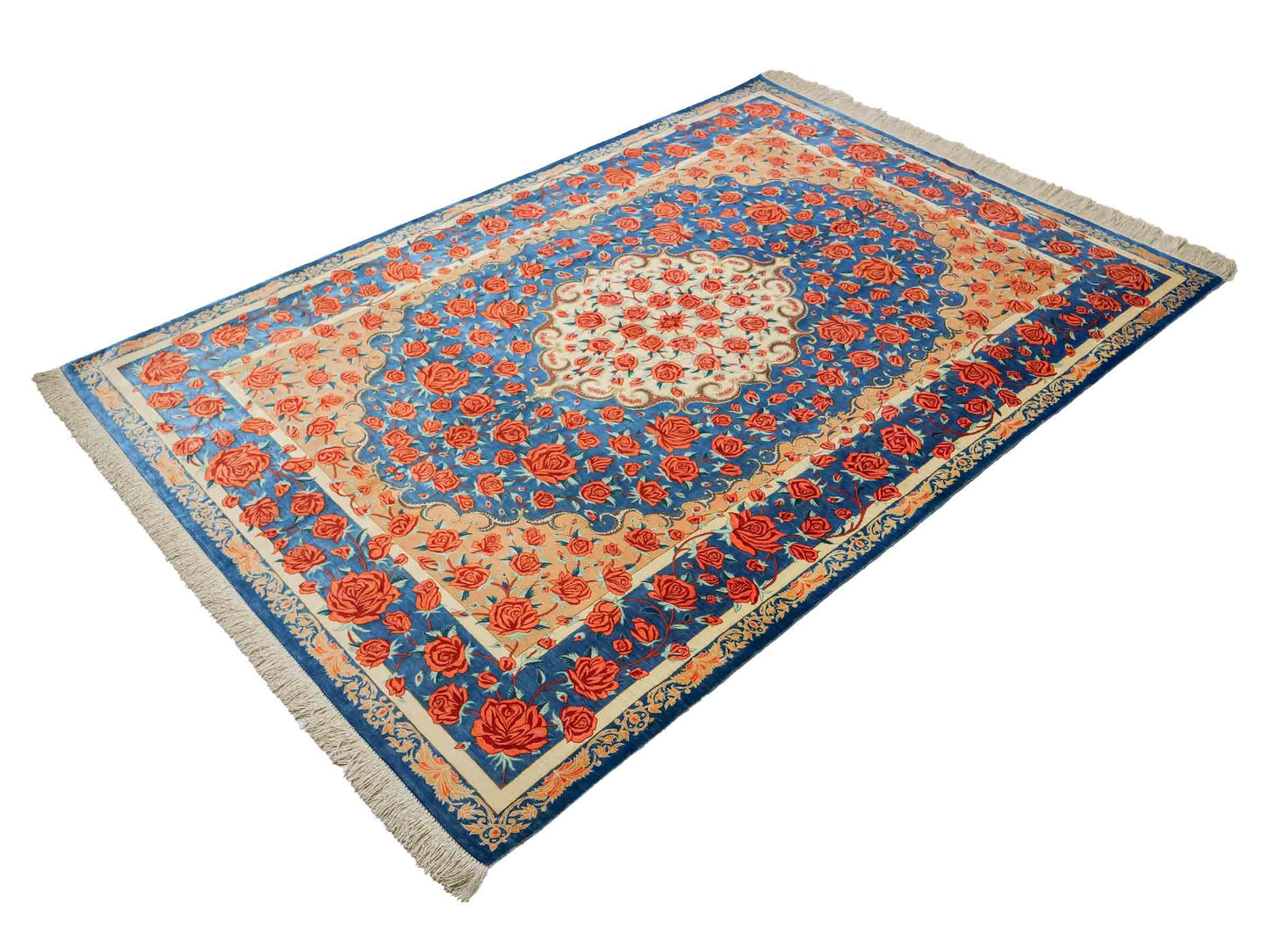 Sehr feiner, handgeknüpfter Khademi Ghom Seidenteppich, blau. 195x133 cm. Vertrieb durch Jupiter Intl.