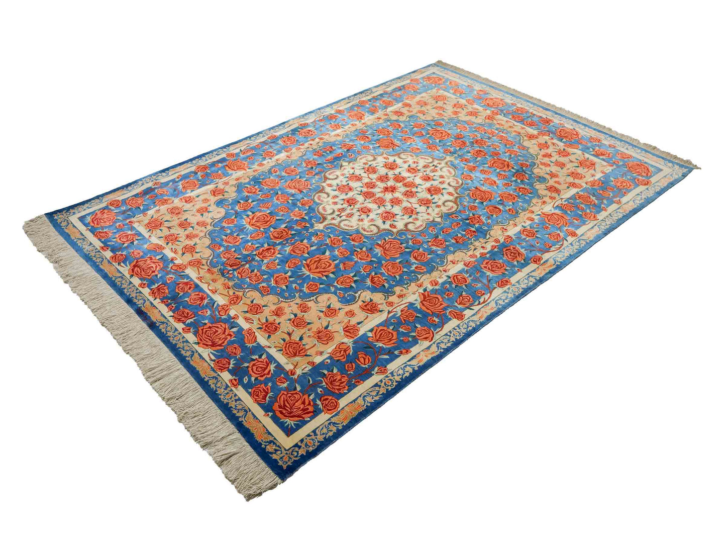 Sehr feiner, handgeknüpfter Khademi Ghom Seidenteppich, blau. 195x133 cm. Vertrieb durch Jupiter Intl.