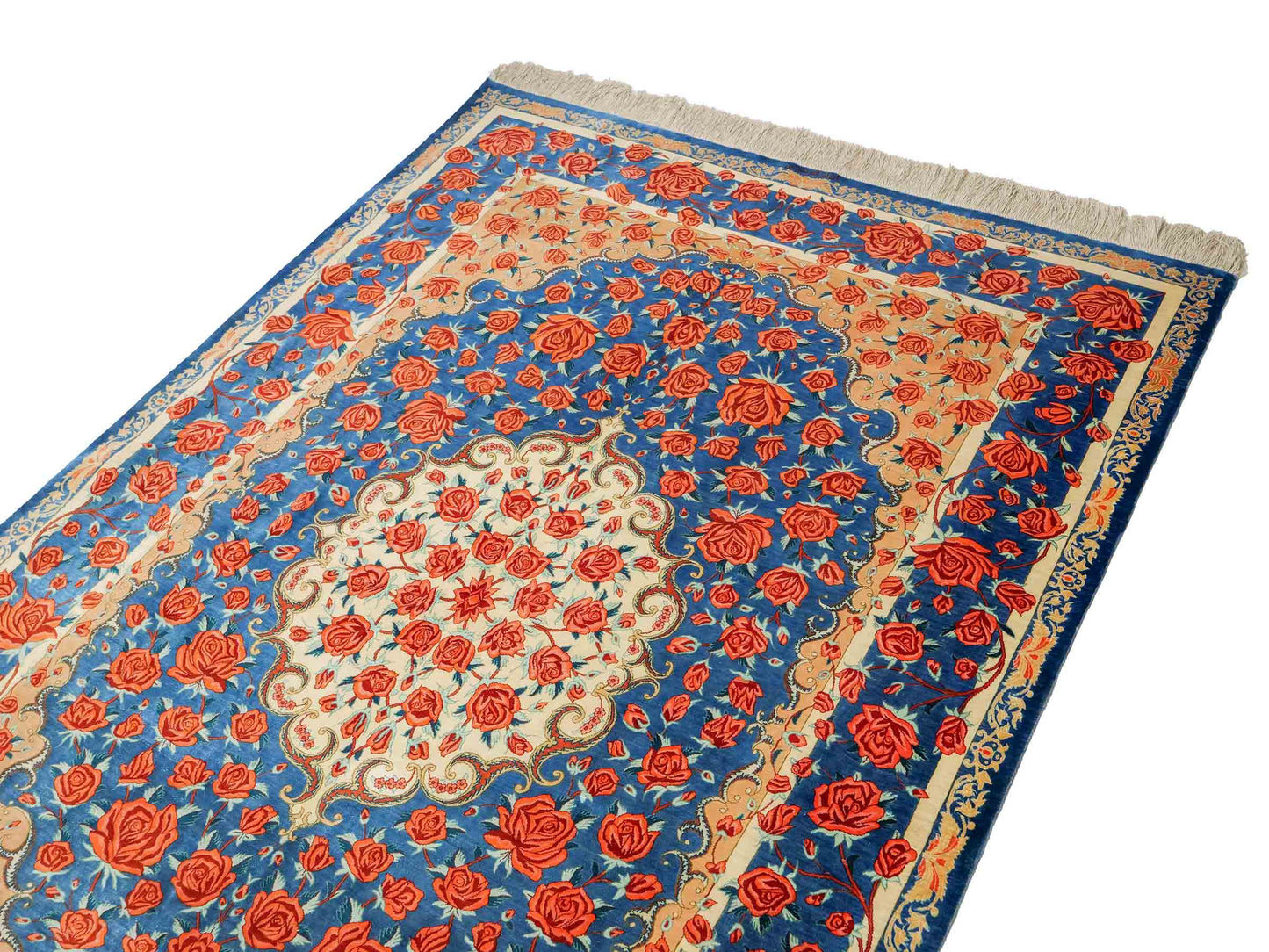 Sehr feiner, handgeknüpfter Khademi Ghom Seidenteppich, blau. 195x133 cm. Vertrieb durch Jupiter Intl.