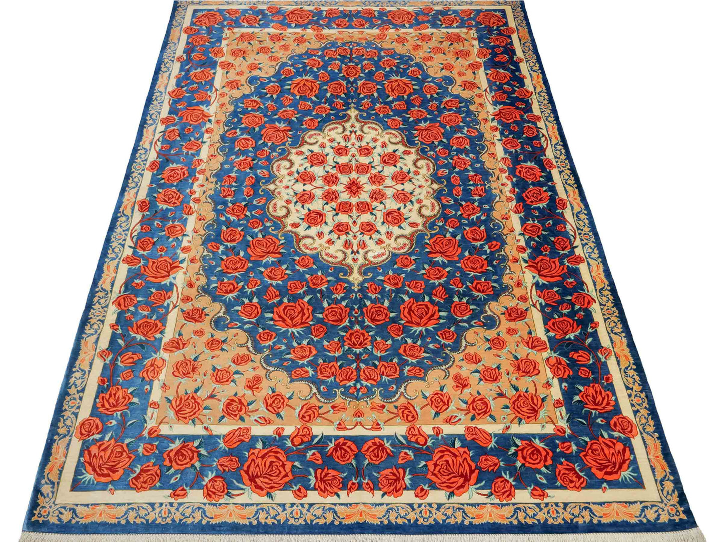 Sehr feiner, handgeknüpfter Khademi Ghom Seidenteppich, blau. 195x133 cm. Vertrieb durch Jupiter Intl.