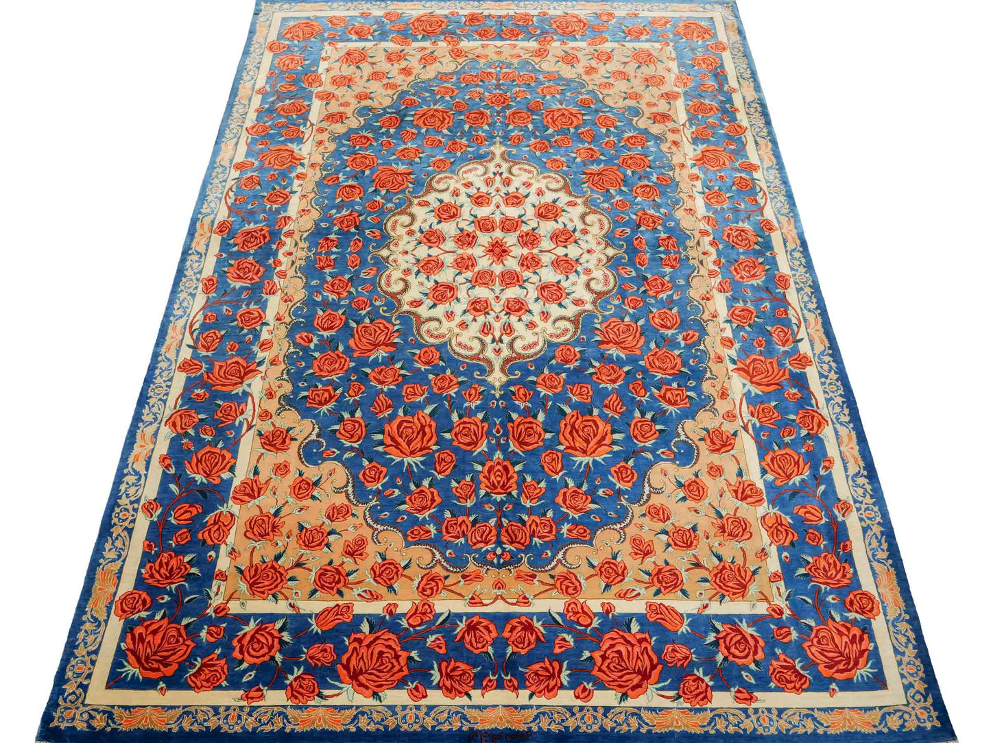Sehr feiner, handgeknüpfter Khademi Ghom Seidenteppich, blau. 195x133 cm. Vertrieb durch Jupiter Intl.
