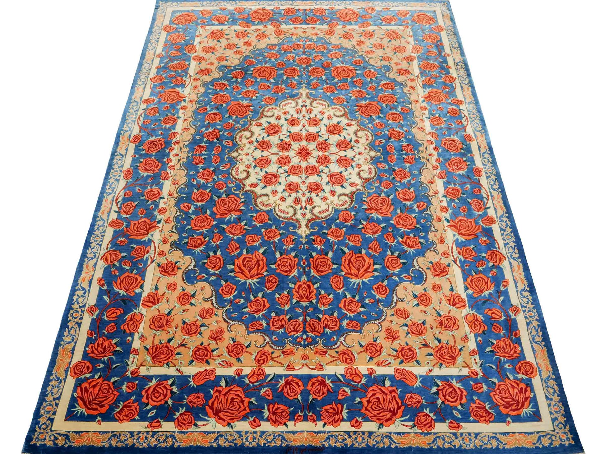 Sehr feiner, handgeknüpfter Khademi Ghom Seidenteppich, blau. 195x133 cm. Vertrieb durch Jupiter Intl.