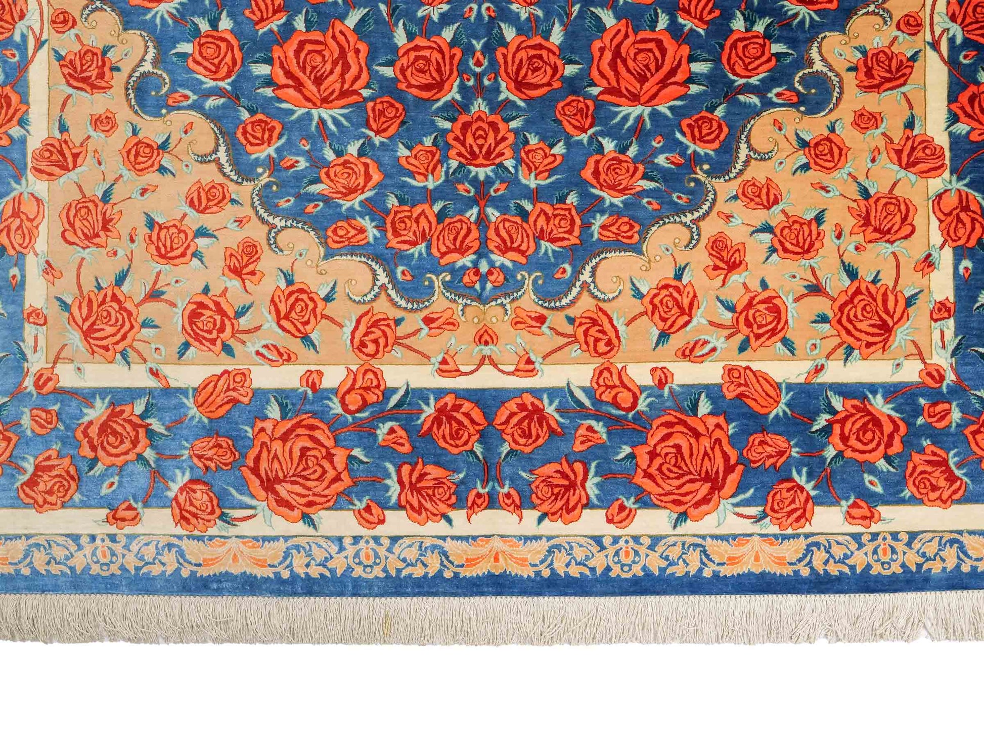 Sehr feiner, handgeknüpfter Khademi Ghom Seidenteppich, blau. 195x133 cm. Vertrieb durch Jupiter Intl.