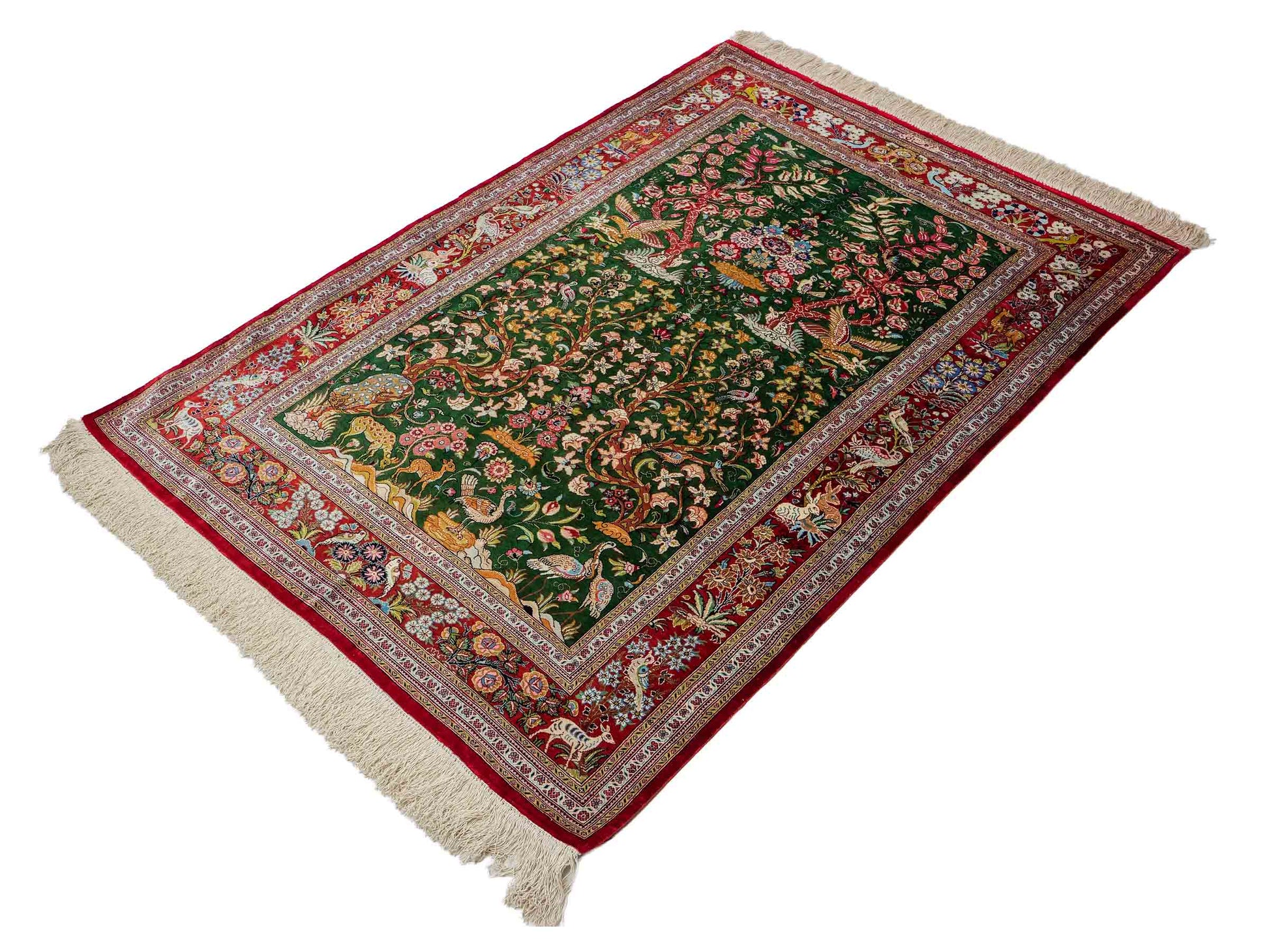 Sehr feiner, handgeknüpfter Khademi Ghom Perserteppich aus Seide, grün, rot. 145x100 cm. Vertrieb durch Jupiter Intl.