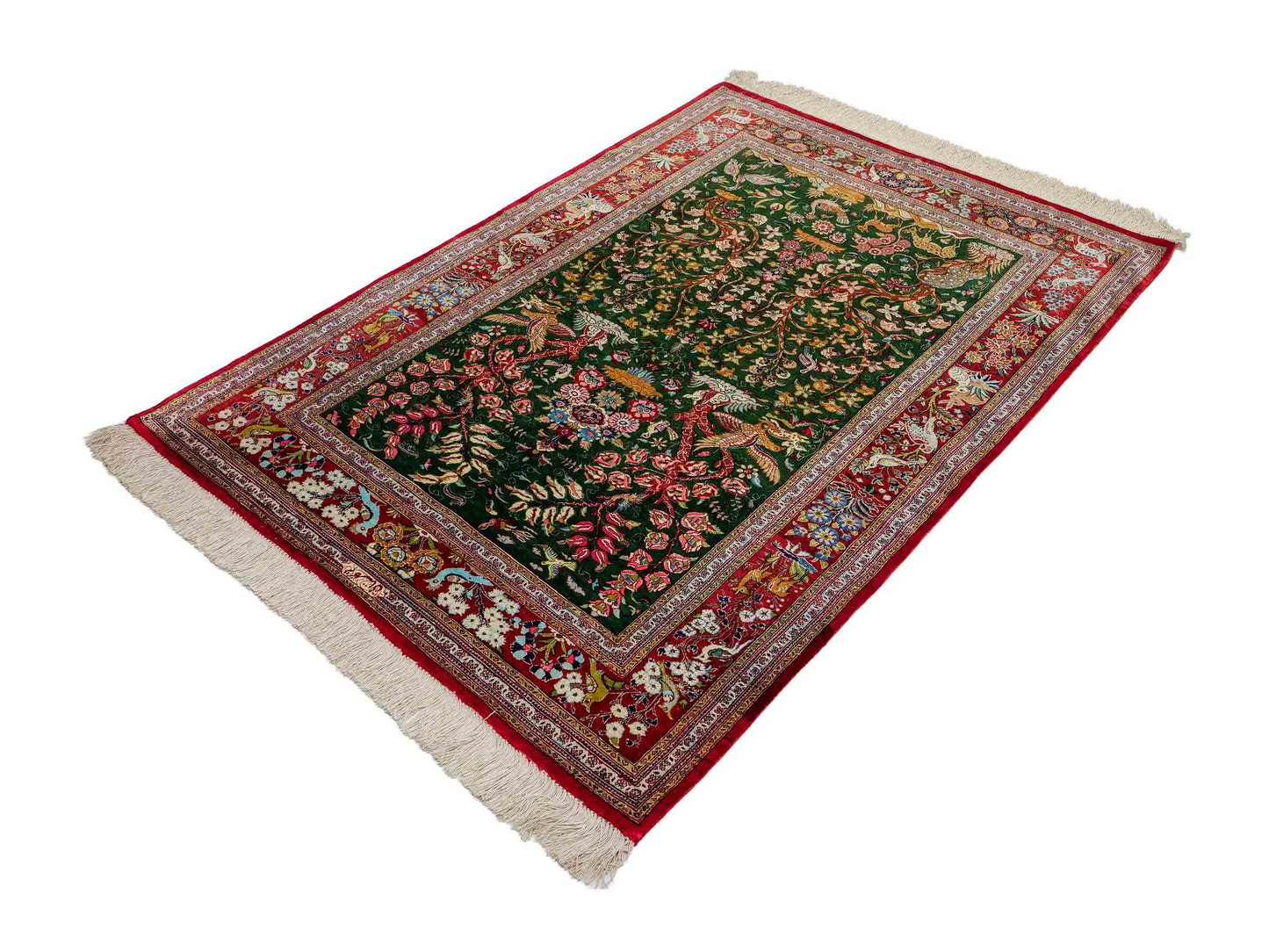 Sehr feiner, handgeknüpfter Khademi Ghom Perserteppich aus Seide, grün, rot. 145x100 cm. Vertrieb durch Jupiter Intl.