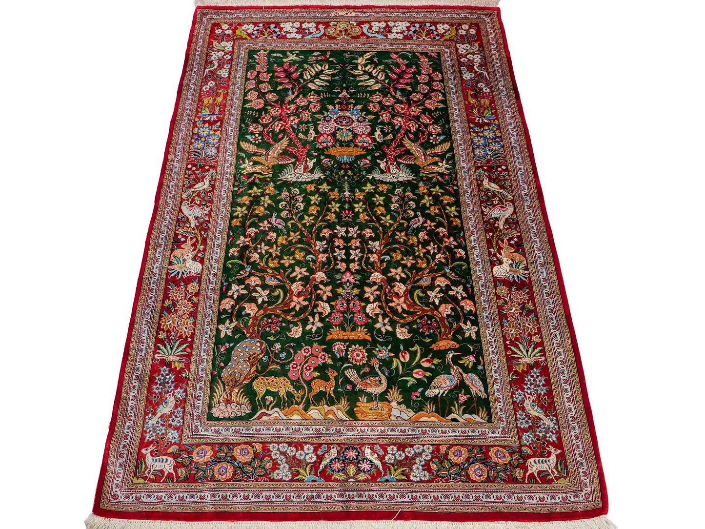 Sehr feiner, handgeknüpfter Khademi Ghom Perserteppich aus Seide, grün, rot. 145x100 cm. Vertrieb durch Jupiter Intl.