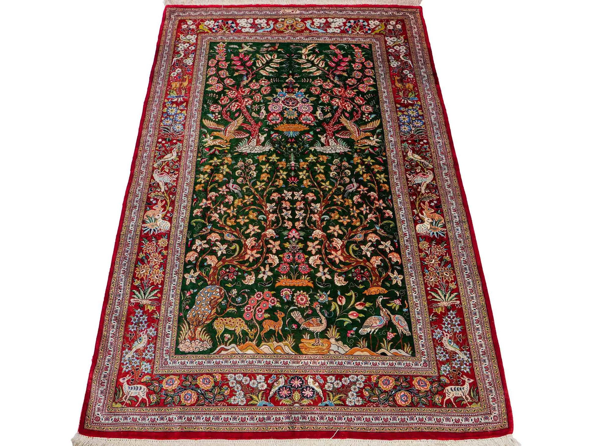 Sehr feiner, handgeknüpfter Khademi Ghom Perserteppich aus Seide, grün, rot. 145x100 cm. Vertrieb durch Jupiter Intl.