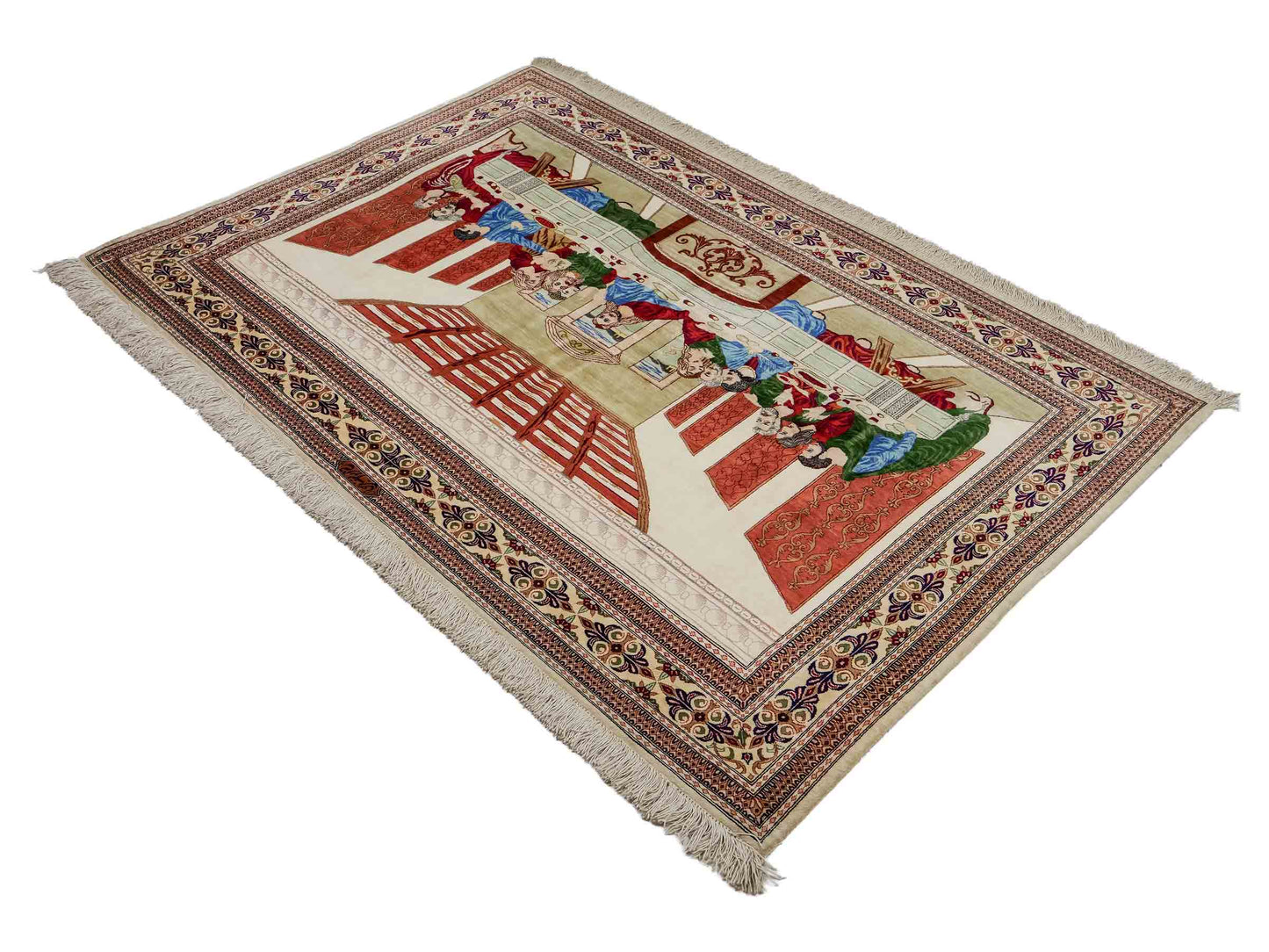 Sehr feiner, handgeknüpfter Khademi Ghom Perserteppich aus Seide, creme. 152x101 cm. Verkauf durch Jupiter Intl.