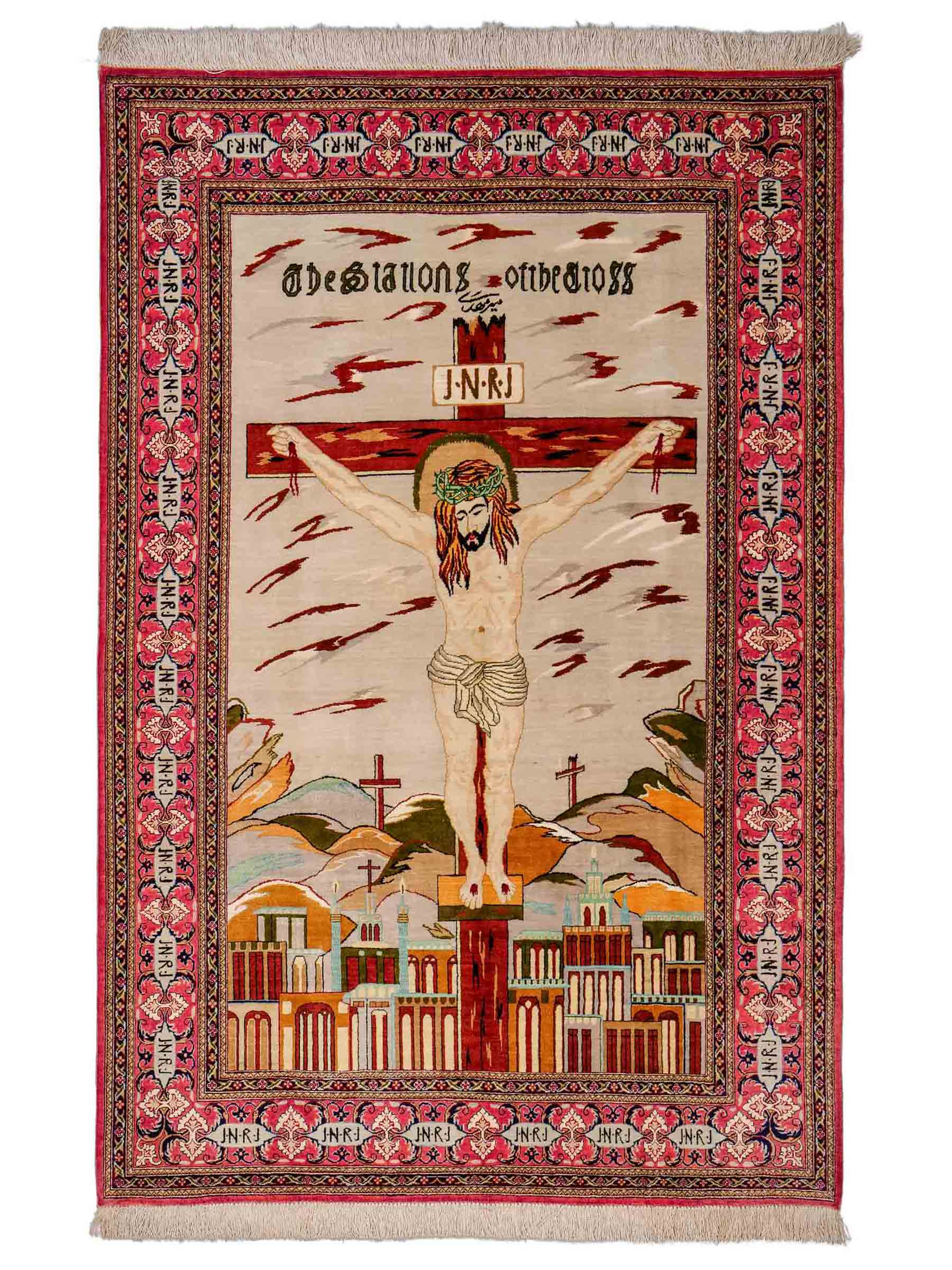 Sehr feiner, handgeknüpfter Khademi Ghom Perserteppich aus Seide, rosa, pink, blau. 152x101 cm. Verkauf durch Jupiter Intl.