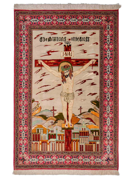 Sehr feiner, handgeknüpfter Khademi Ghom Perserteppich aus Seide, rosa, pink, blau. 152x101 cm. Verkauf durch Jupiter Intl.