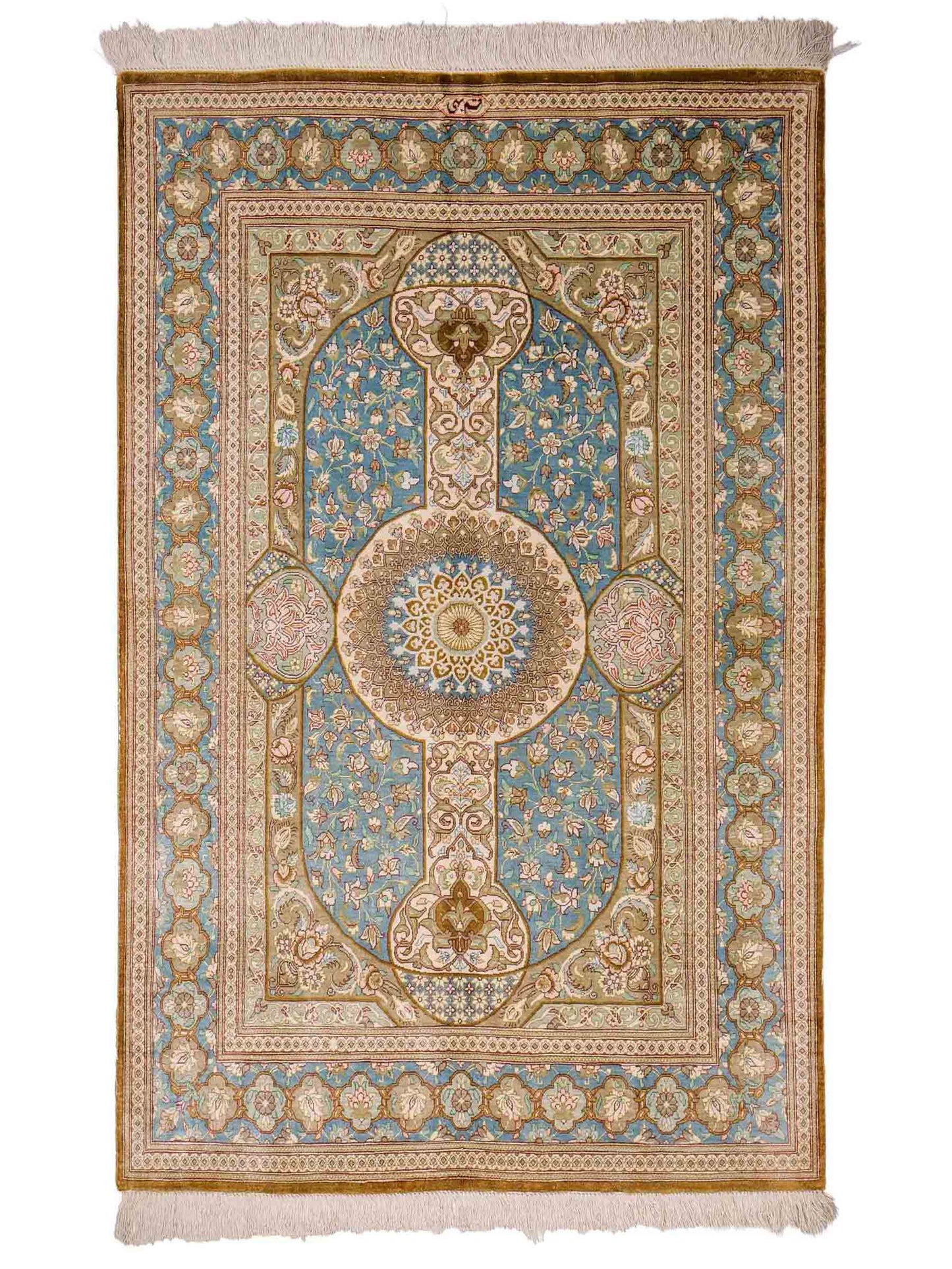 Sehr feiner, handgeknüpfter Khademi Ghom Perserteppich aus Seide, braun, blau. 148x98 cm. Vertrieb durch Jupiter Intl.