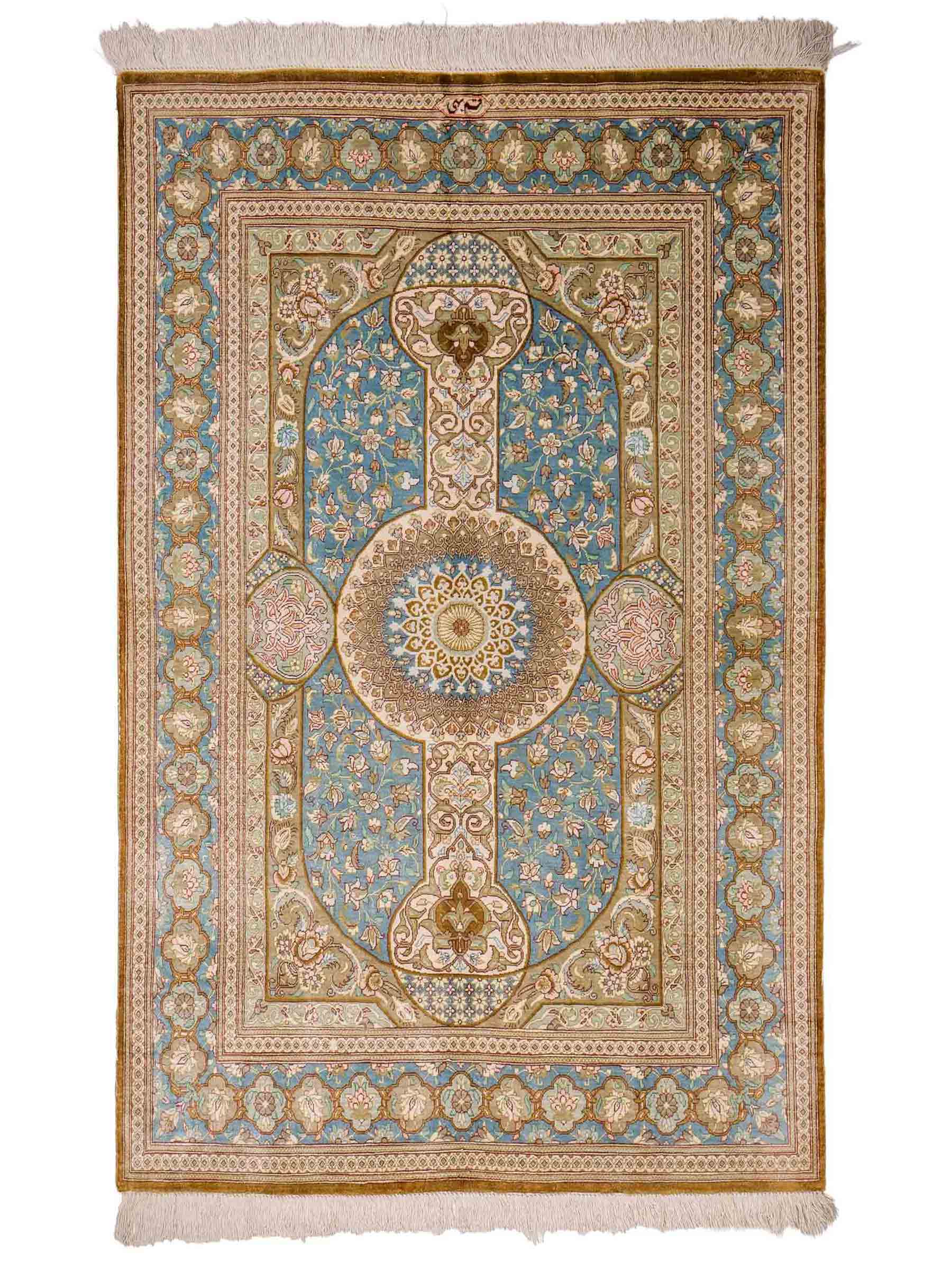 Sehr feiner, handgeknüpfter Khademi Ghom Perserteppich aus Seide, braun, blau. 148x98 cm. Vertrieb durch Jupiter Intl.