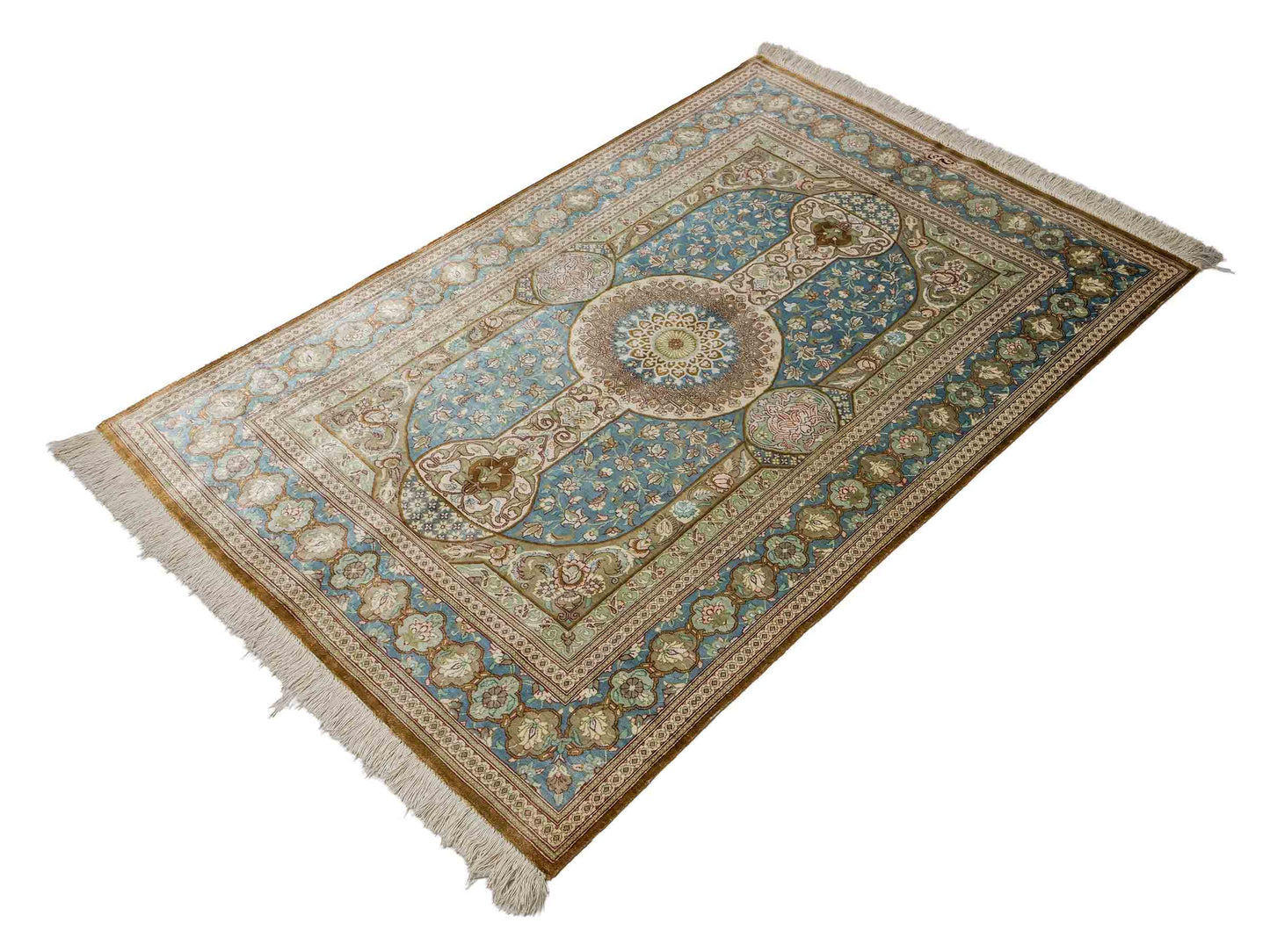 Sehr feiner, handgeknüpfter Khademi Ghom Perserteppich aus Seide, braun, blau. 148x98 cm. Vertrieb durch Jupiter Intl.
