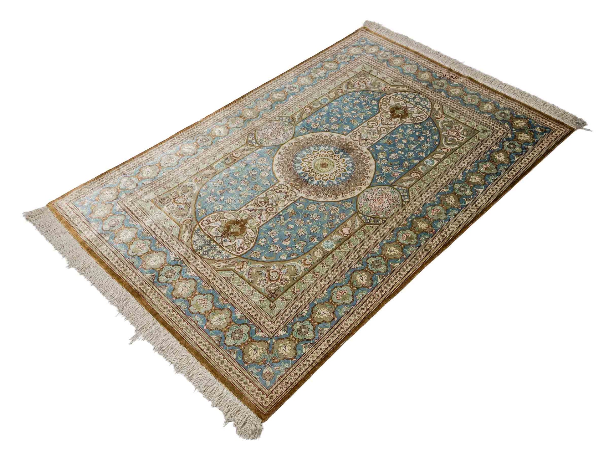 Sehr feiner, handgeknüpfter Khademi Ghom Perserteppich aus Seide, braun, blau. 148x98 cm. Vertrieb durch Jupiter Intl.