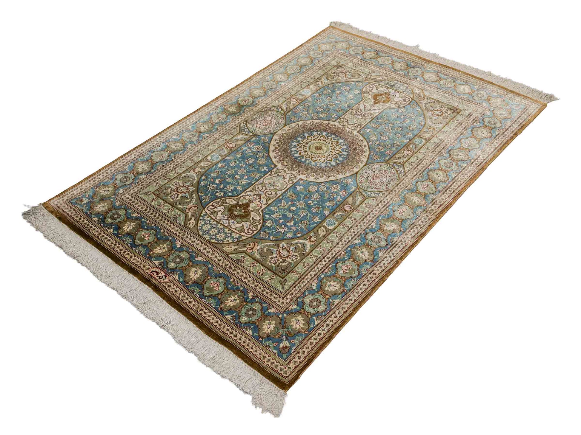 Sehr feiner, handgeknüpfter Khademi Ghom Perserteppich aus Seide, braun, blau. 148x98 cm. Vertrieb durch Jupiter Intl.