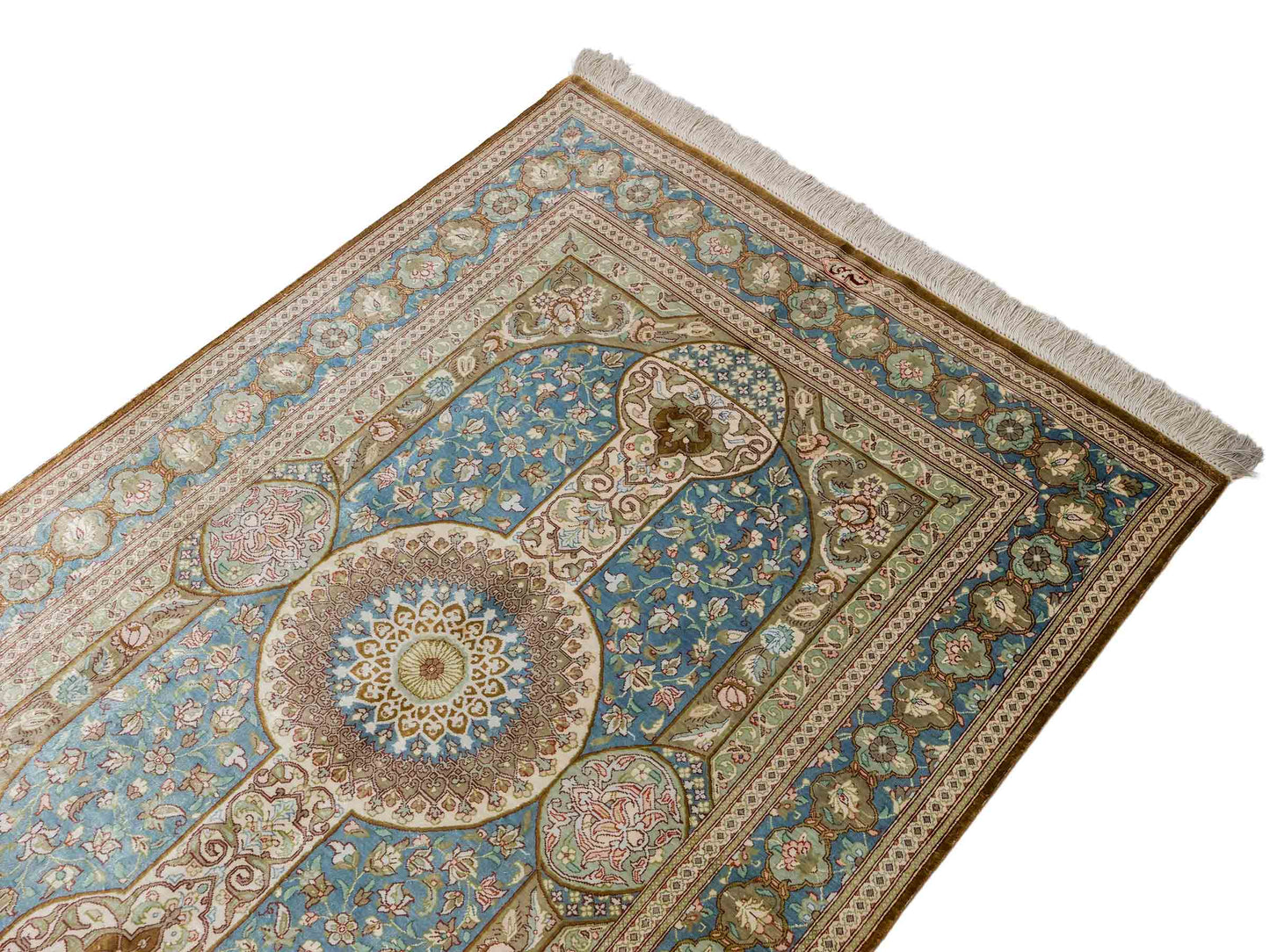 Sehr feiner, handgeknüpfter Khademi Ghom Perserteppich aus Seide, braun, blau. 148x98 cm. Vertrieb durch Jupiter Intl.