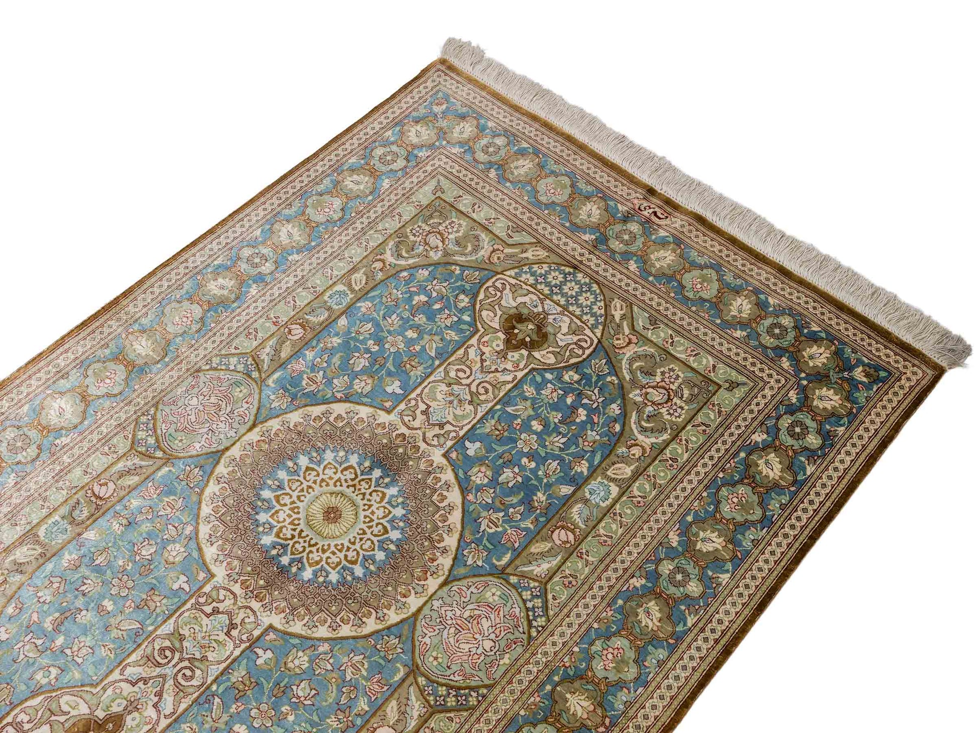 Sehr feiner, handgeknüpfter Khademi Ghom Perserteppich aus Seide, braun, blau. 148x98 cm. Vertrieb durch Jupiter Intl.