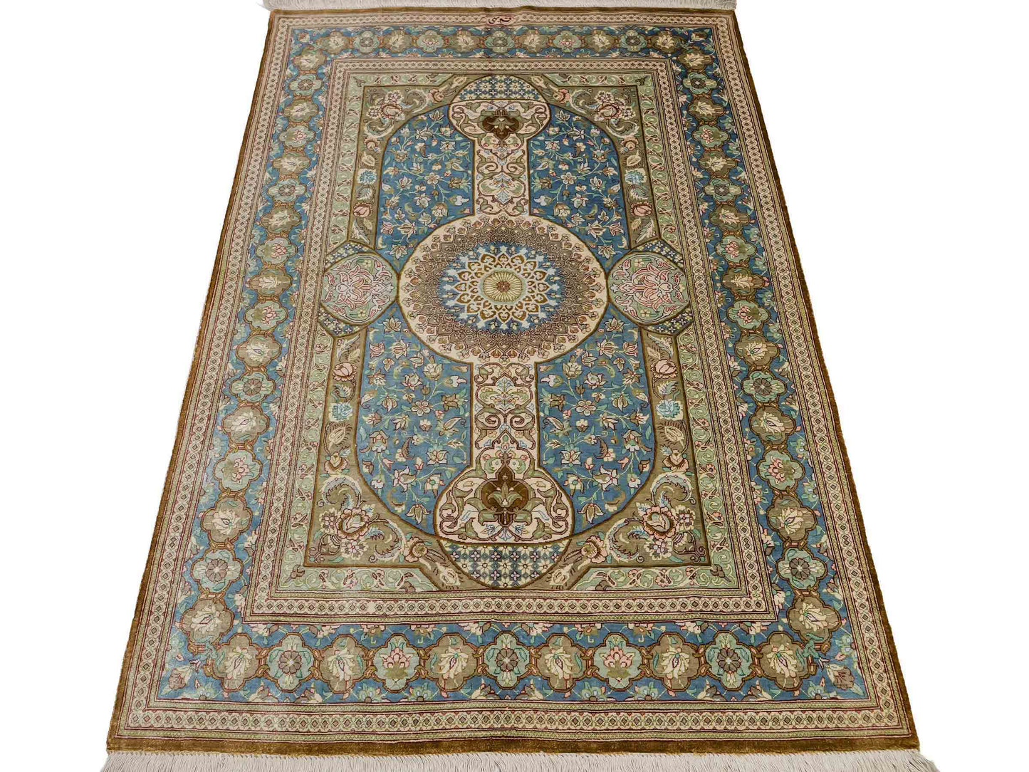 Sehr feiner, handgeknüpfter Khademi Ghom Perserteppich aus Seide, braun, blau. 148x98 cm. Vertrieb durch Jupiter Intl.