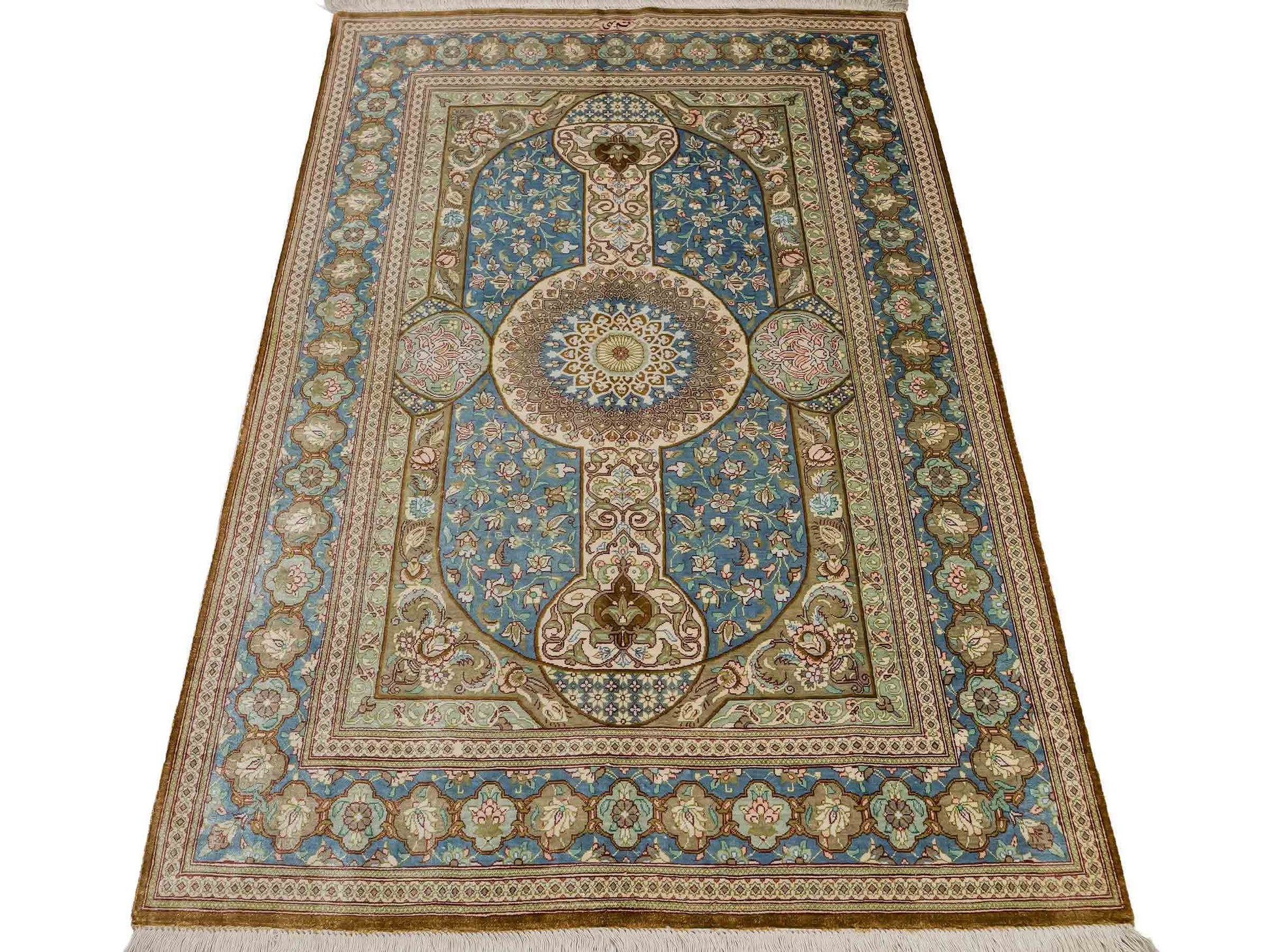 Sehr feiner, handgeknüpfter Khademi Ghom Perserteppich aus Seide, braun, blau. 148x98 cm. Vertrieb durch Jupiter Intl.