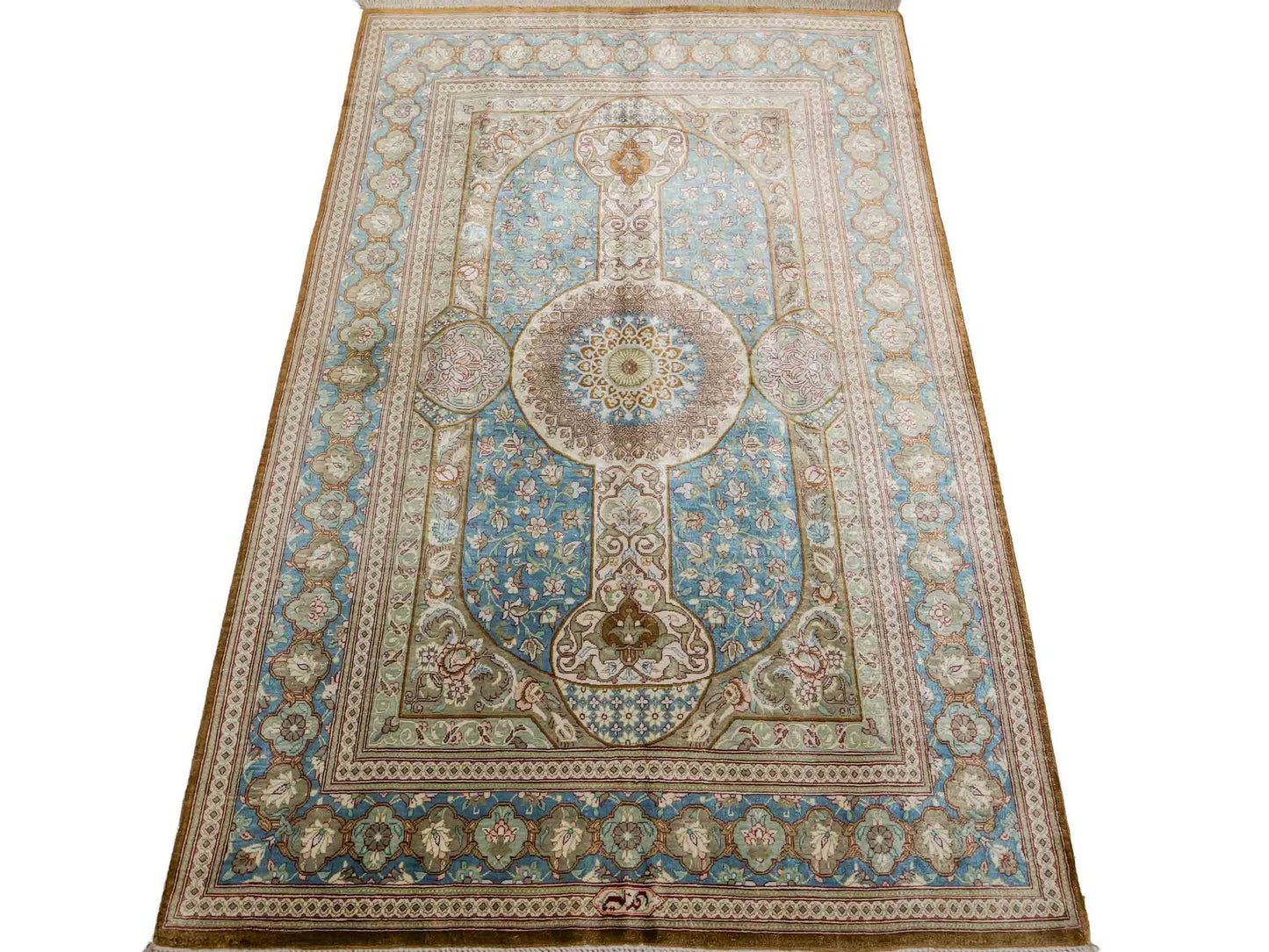 Sehr feiner, handgeknüpfter Khademi Ghom Perserteppich aus Seide, braun, blau. 148x98 cm. Vertrieb durch Jupiter Intl.