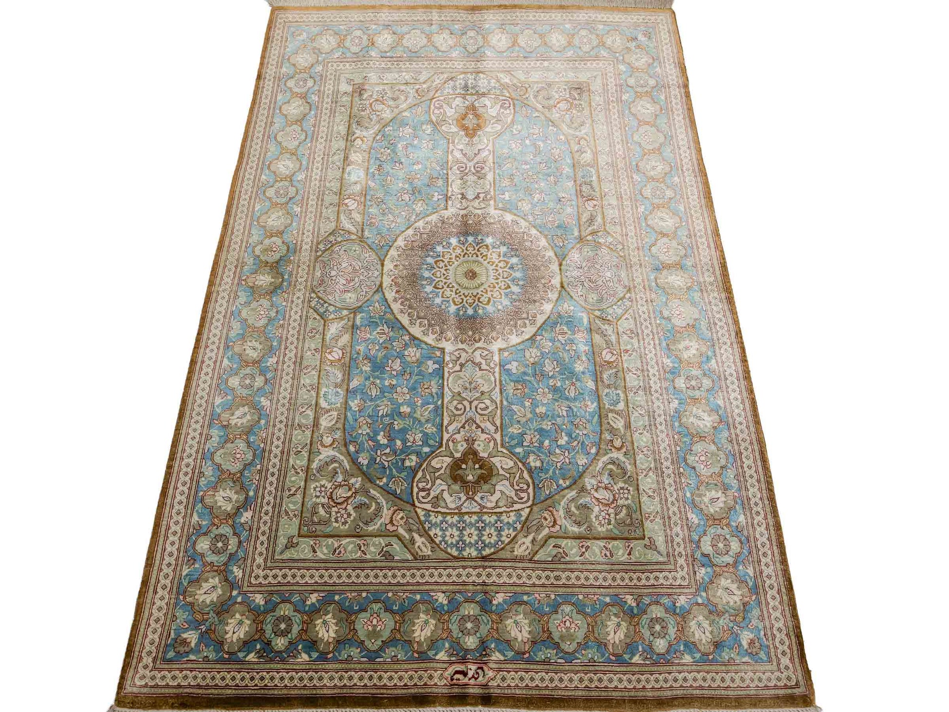 Sehr feiner, handgeknüpfter Khademi Ghom Perserteppich aus Seide, braun, blau. 148x98 cm. Vertrieb durch Jupiter Intl.