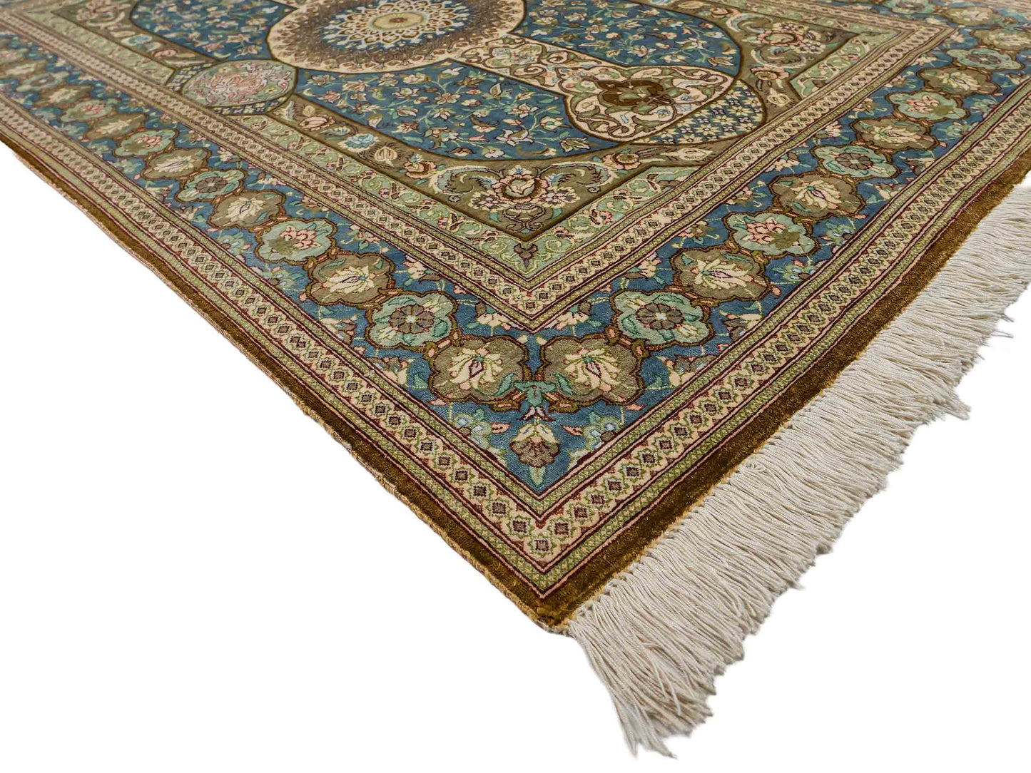 Sehr feiner, handgeknüpfter Khademi Ghom Perserteppich aus Seide, braun, blau. 148x98 cm. Vertrieb durch Jupiter Intl.