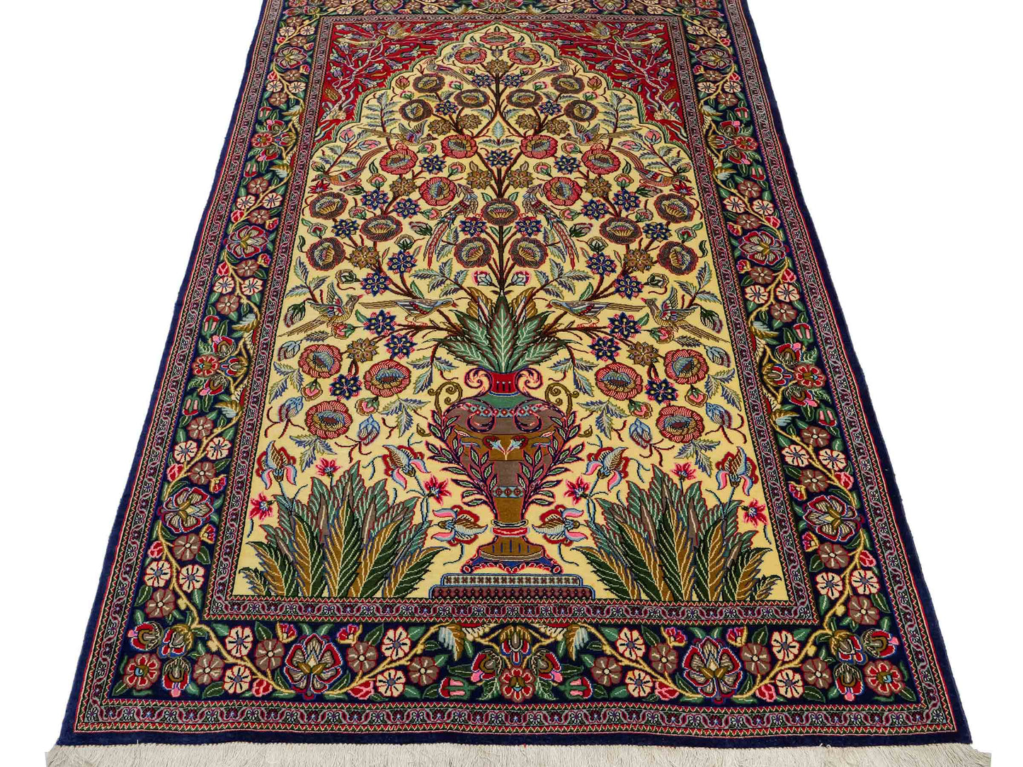 Feiner, handgeknüpfter Ghom Perserteppich aus Wolle von Khademi, creme, blau. 205x139 cm. Verkauf durch Jupiter Intl.