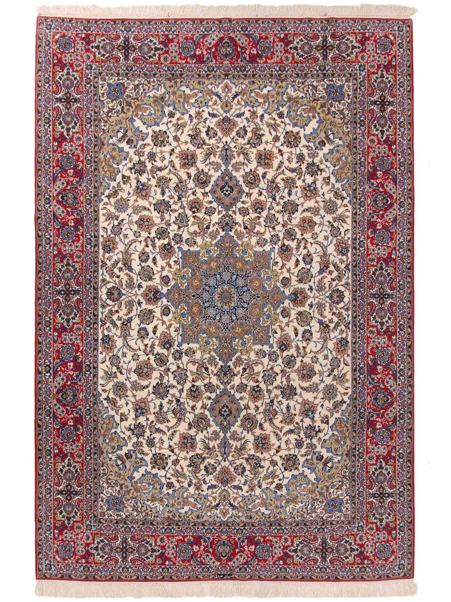 Sehr feiner, handgeknüpfter Isfahan Perserteppich aus Wolle und Seide mit Seidenkette von Khademi. Größe: 365 x 258 cm. Farbe: Weiß, creme, rot, blau. Verkauf durch JUPITER Intl.