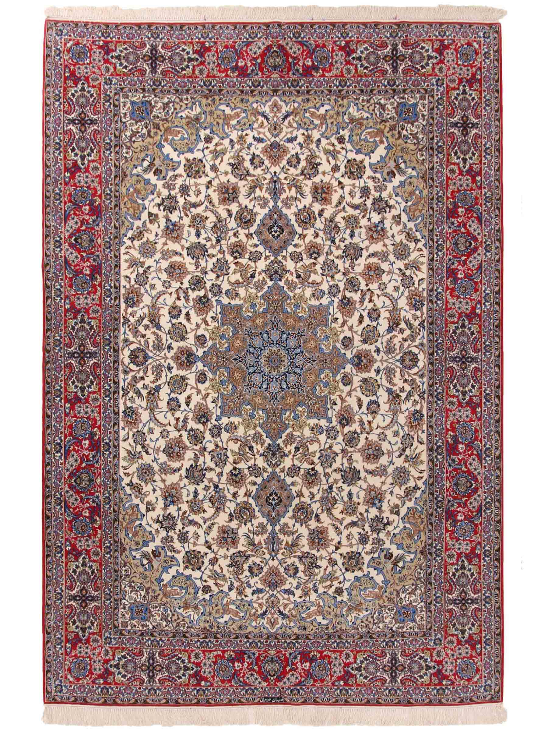 Sehr feiner, handgeknüpfter Isfahan Perserteppich aus Wolle und Seide mit Seidenkette von Khademi. Größe: 365 x 258 cm. Farbe: Weiß, creme, rot, blau. Verkauf durch JUPITER Intl.