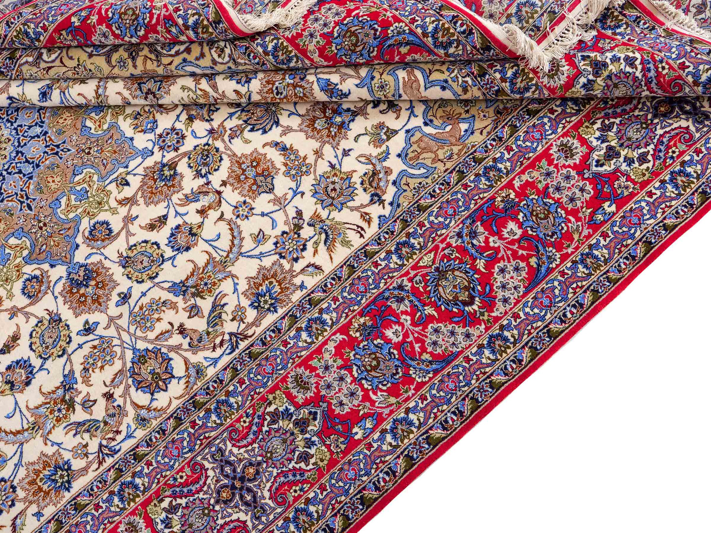 Sehr feiner, handgeknüpfter Isfahan Perserteppich aus Wolle und Seide mit Seidenkette von Khademi. Größe: 365 x 258 cm. Farbe: Weiß, creme, rot, blau. Verkauf durch JUPITER Intl.