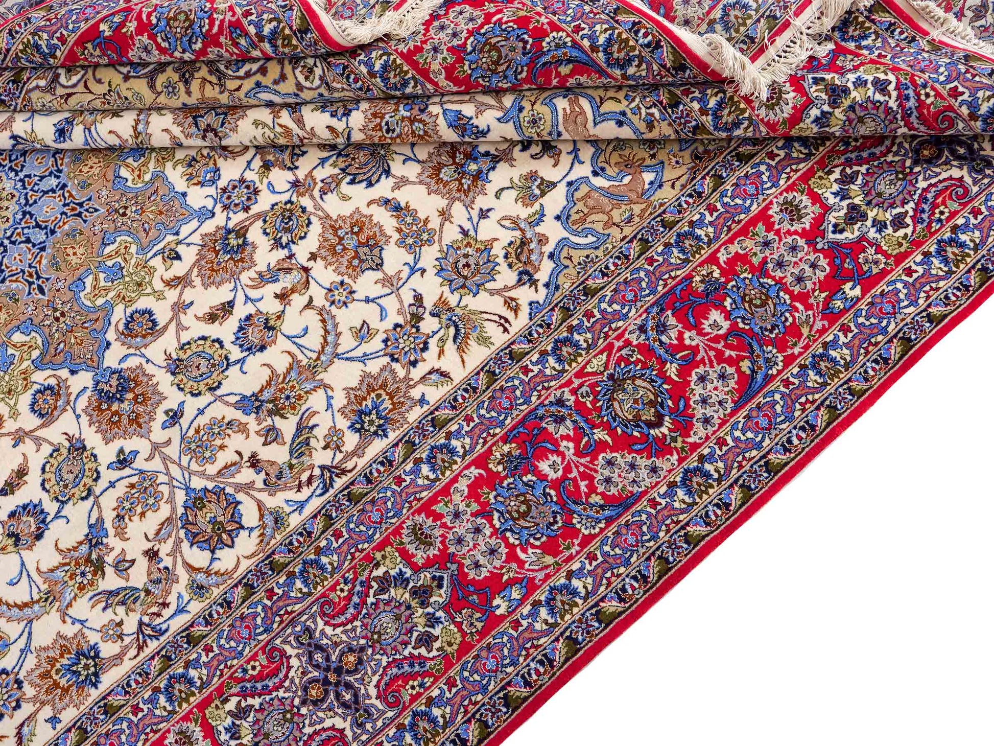Sehr feiner, handgeknüpfter Isfahan Perserteppich aus Wolle und Seide mit Seidenkette von Khademi. Größe: 365 x 258 cm. Farbe: Weiß, creme, rot, blau. Verkauf durch JUPITER Intl.
