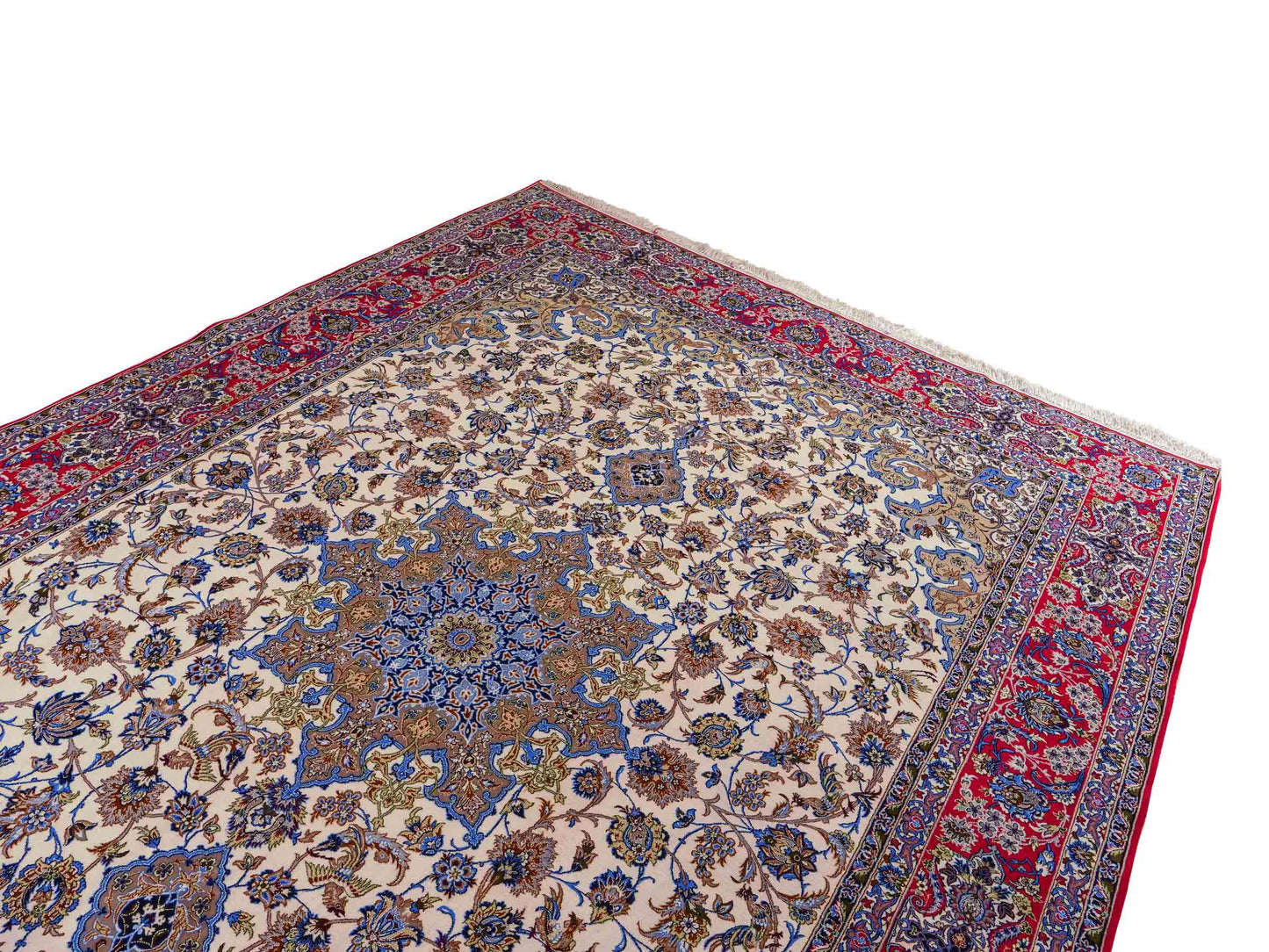 Sehr feiner, handgeknüpfter Isfahan Perserteppich aus Wolle und Seide mit Seidenkette von Khademi. Größe: 365 x 258 cm. Farbe: Weiß, creme, rot, blau. Verkauf durch JUPITER Intl.